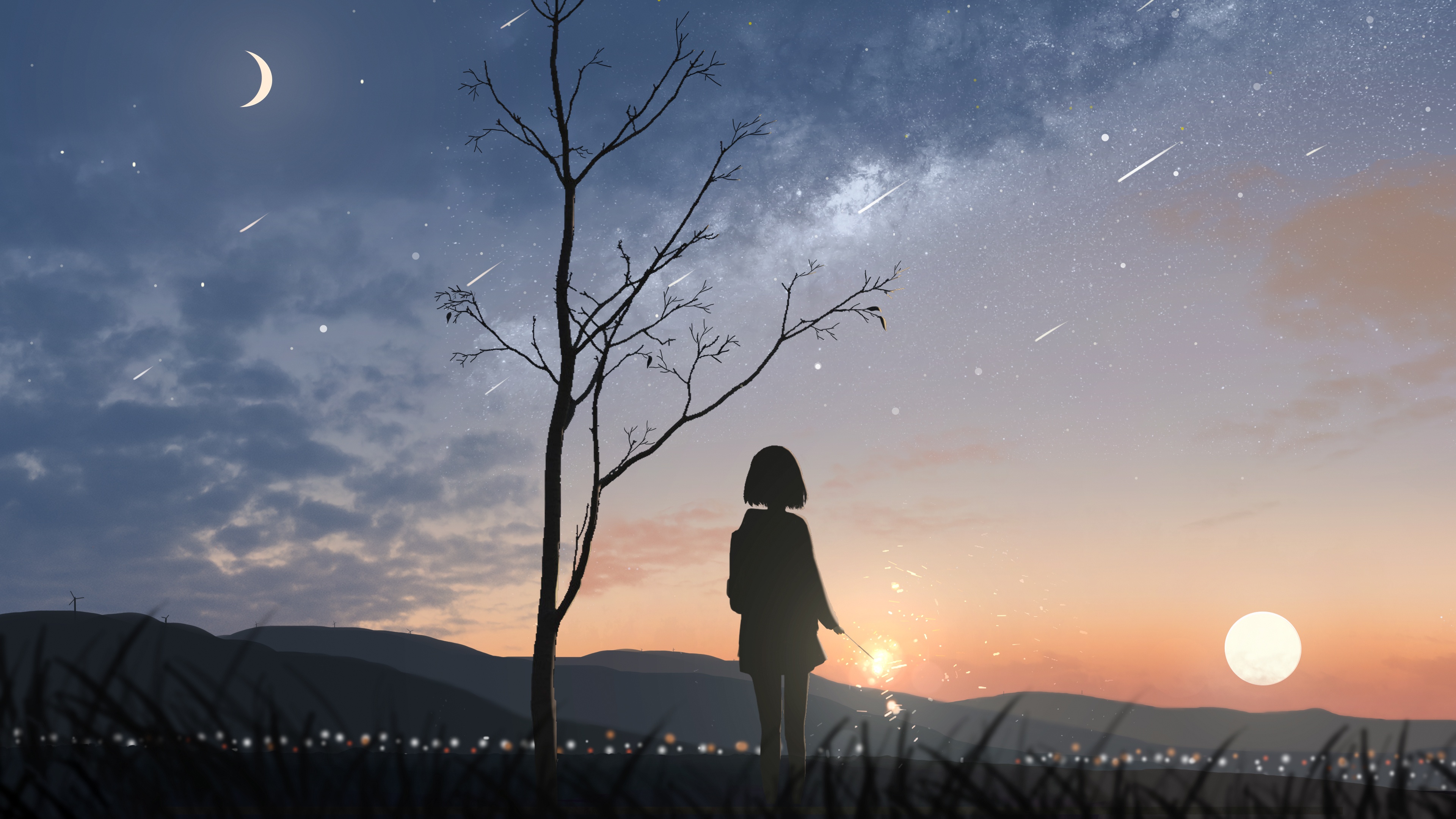 Anime girl with sparkler under starry sky HD Wallpaper