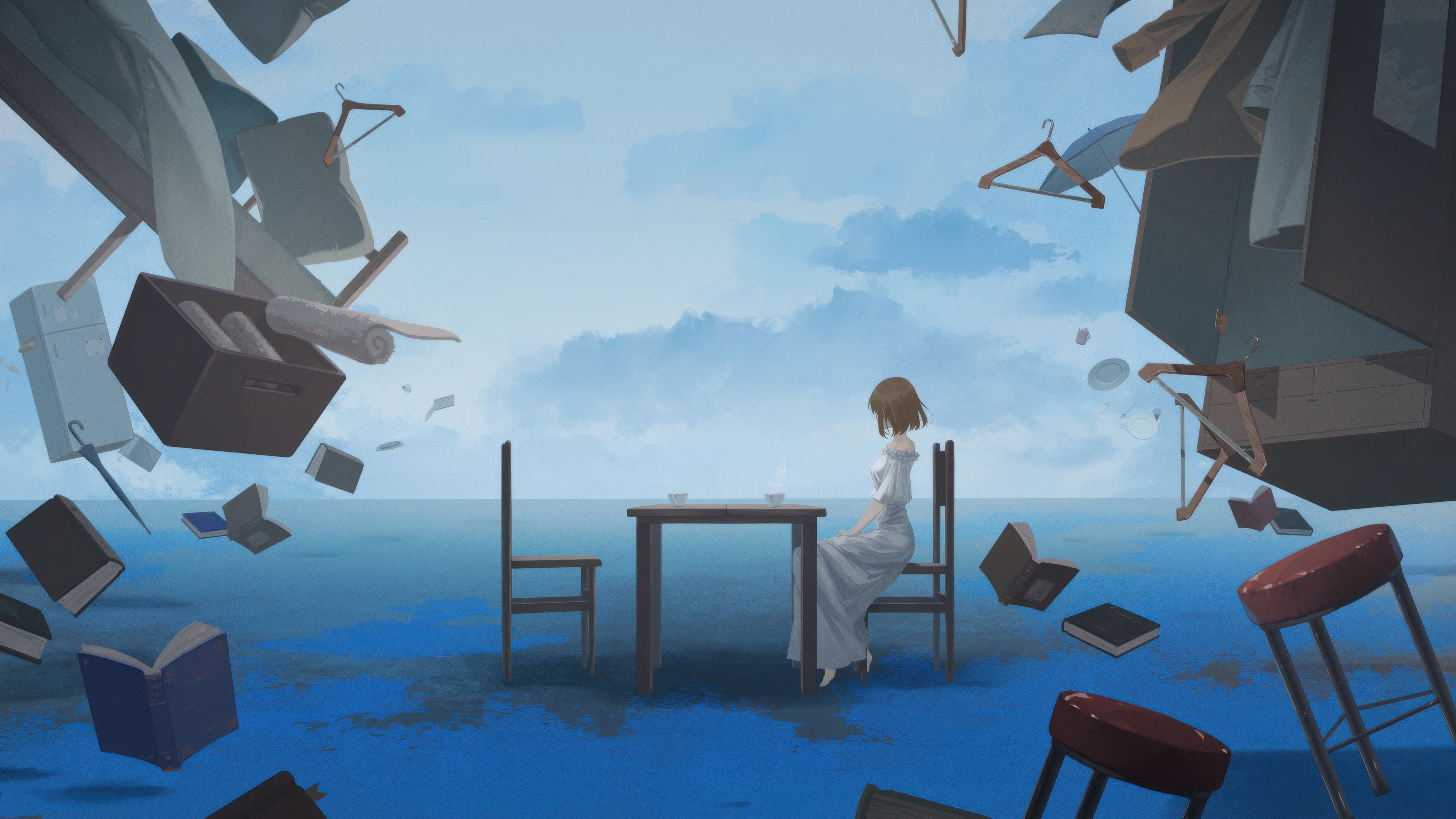 Mind Thoughts Floating: A Woman Sits at a Table HD Wallpaper