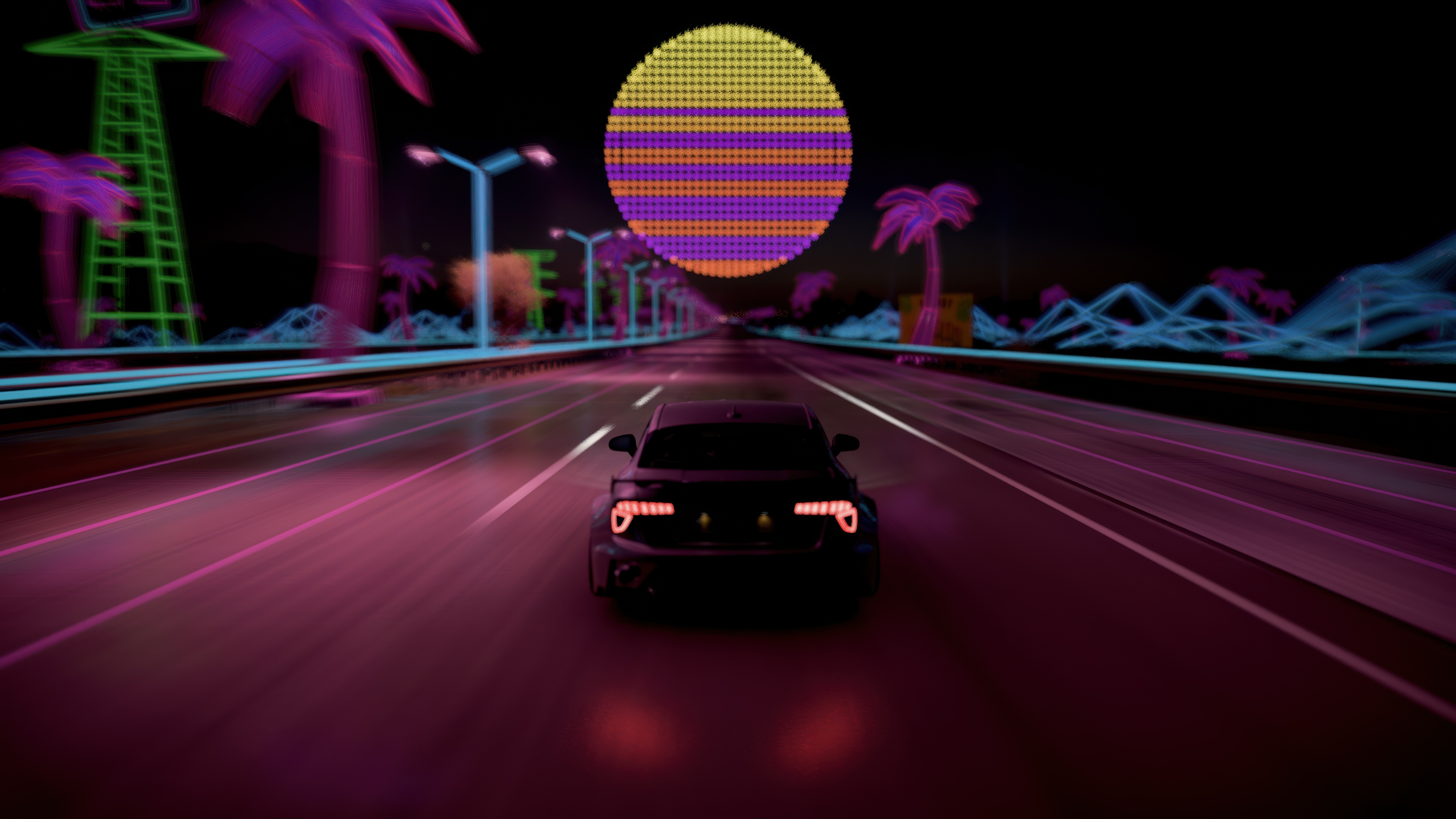 Car driving on a neon road at night HD Wallpaper