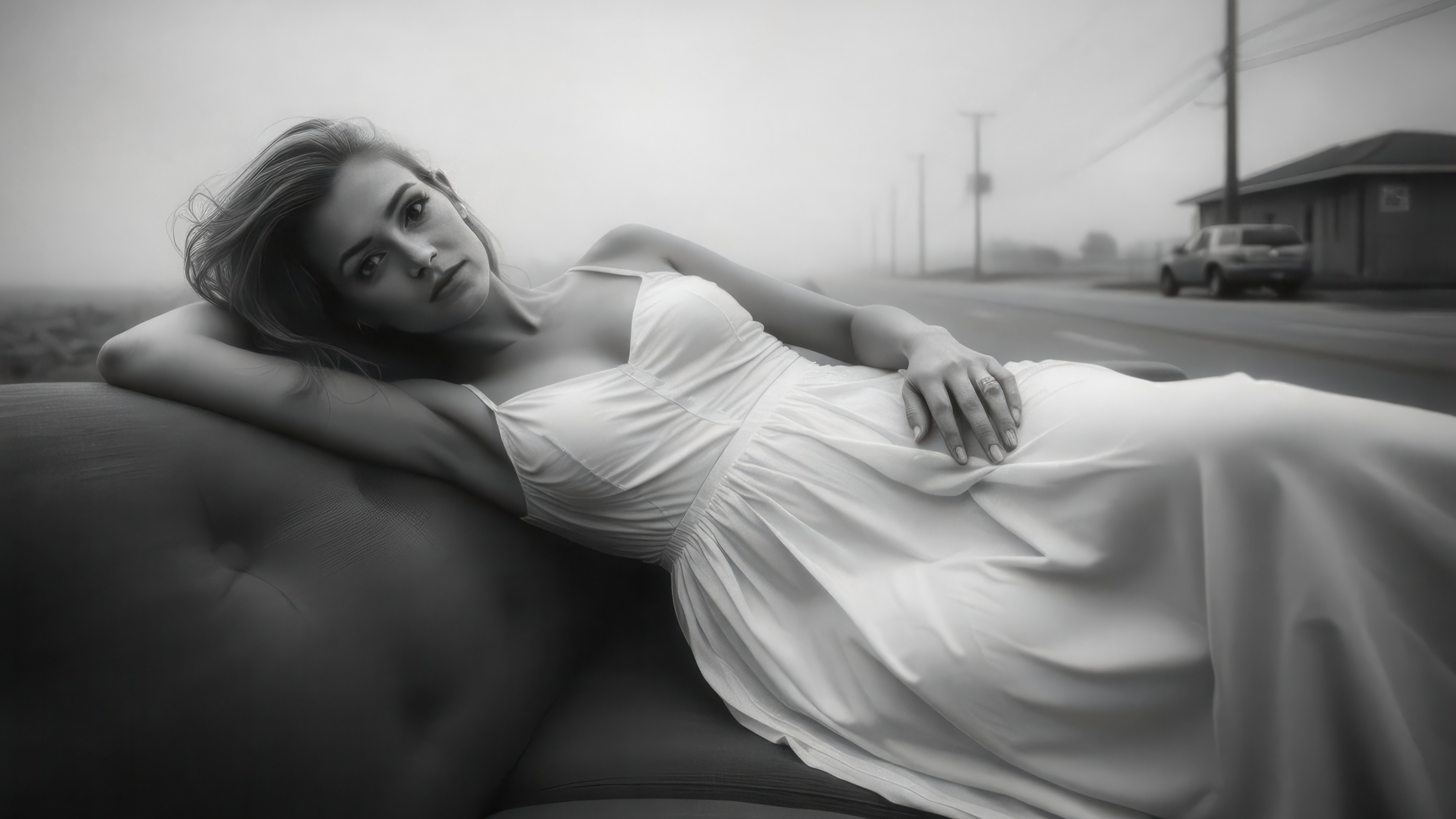 Girl in a white dress lying on a couch HD Wallpaper