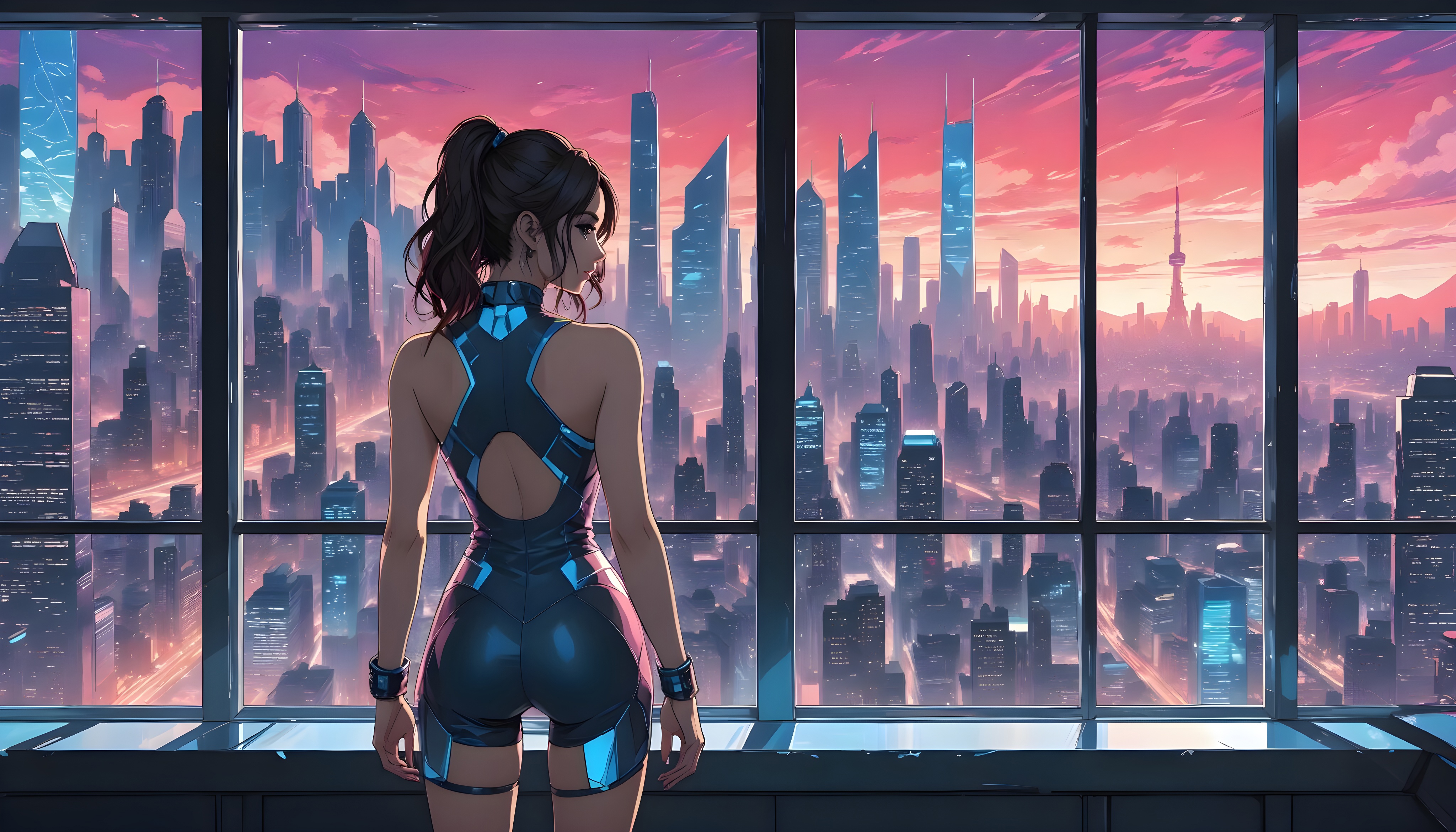 Woman in futuristic outfit overlooking a city skyline HD Wallpaper