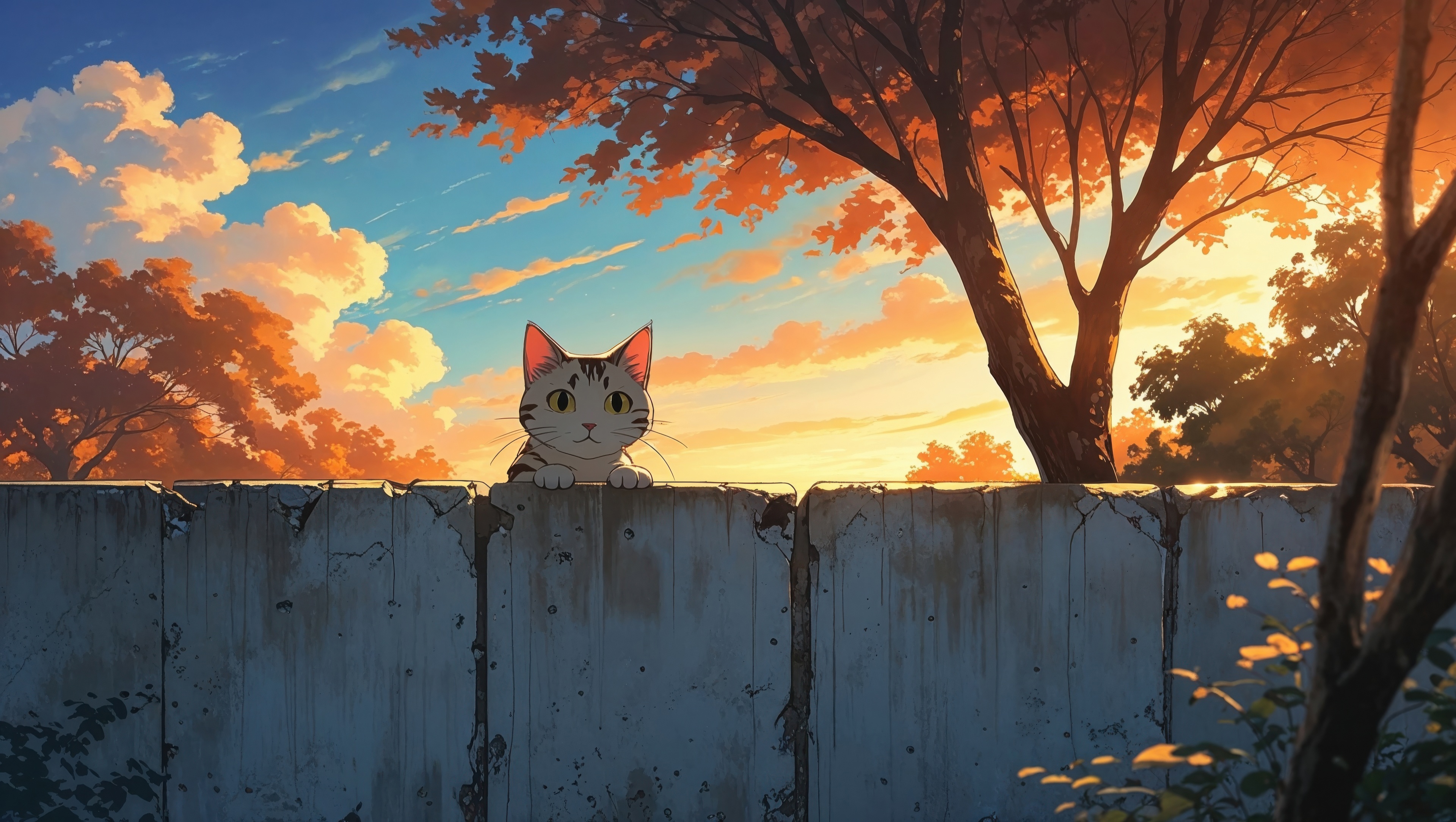 Cat peeking over a wall at sunset HD Wallpaper
