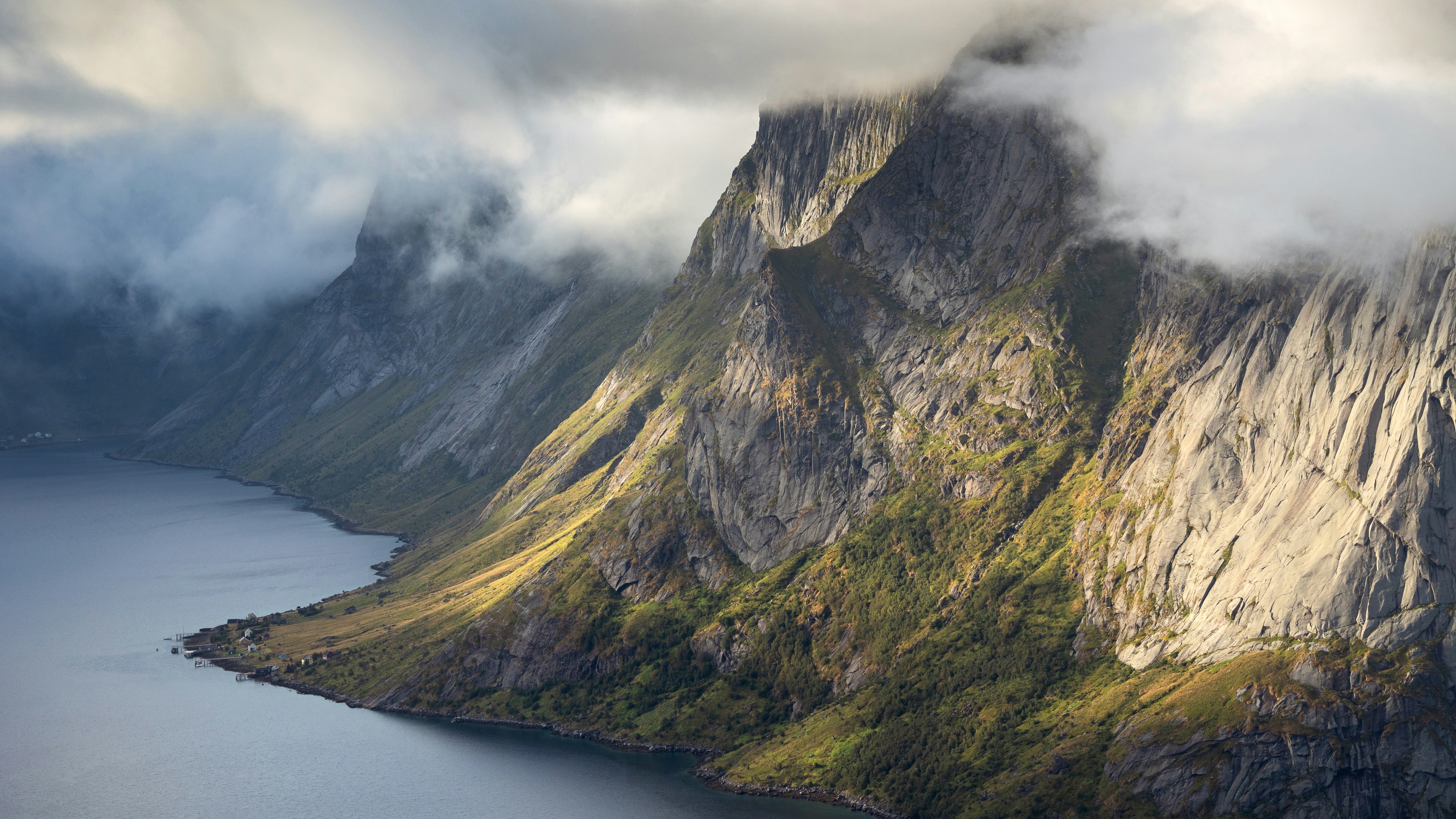 Mountain range by the water in Norway with clouds HD Wallpaper