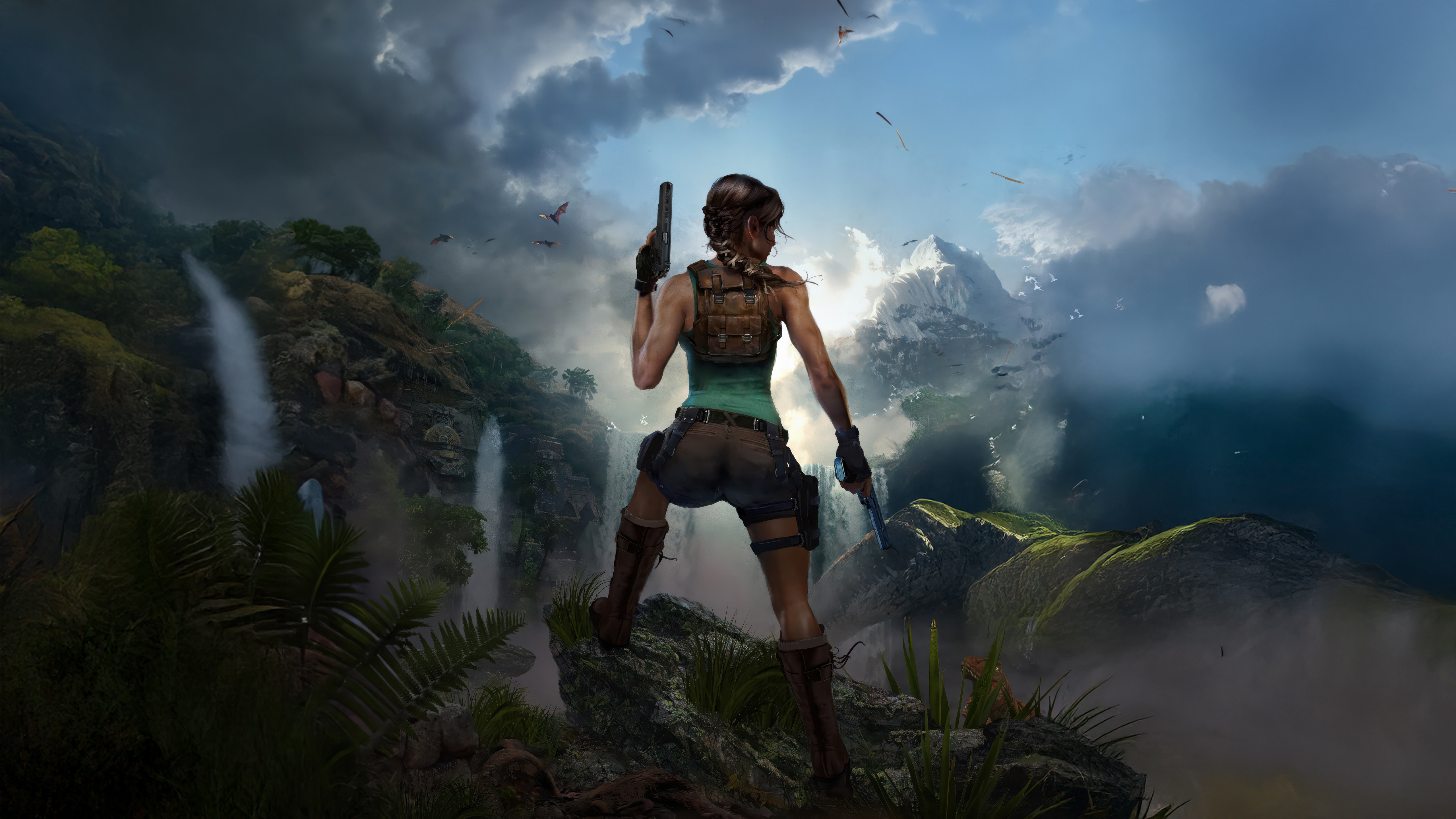 Lara Croft in a jungle with waterfalls and mountains HD Wallpaper