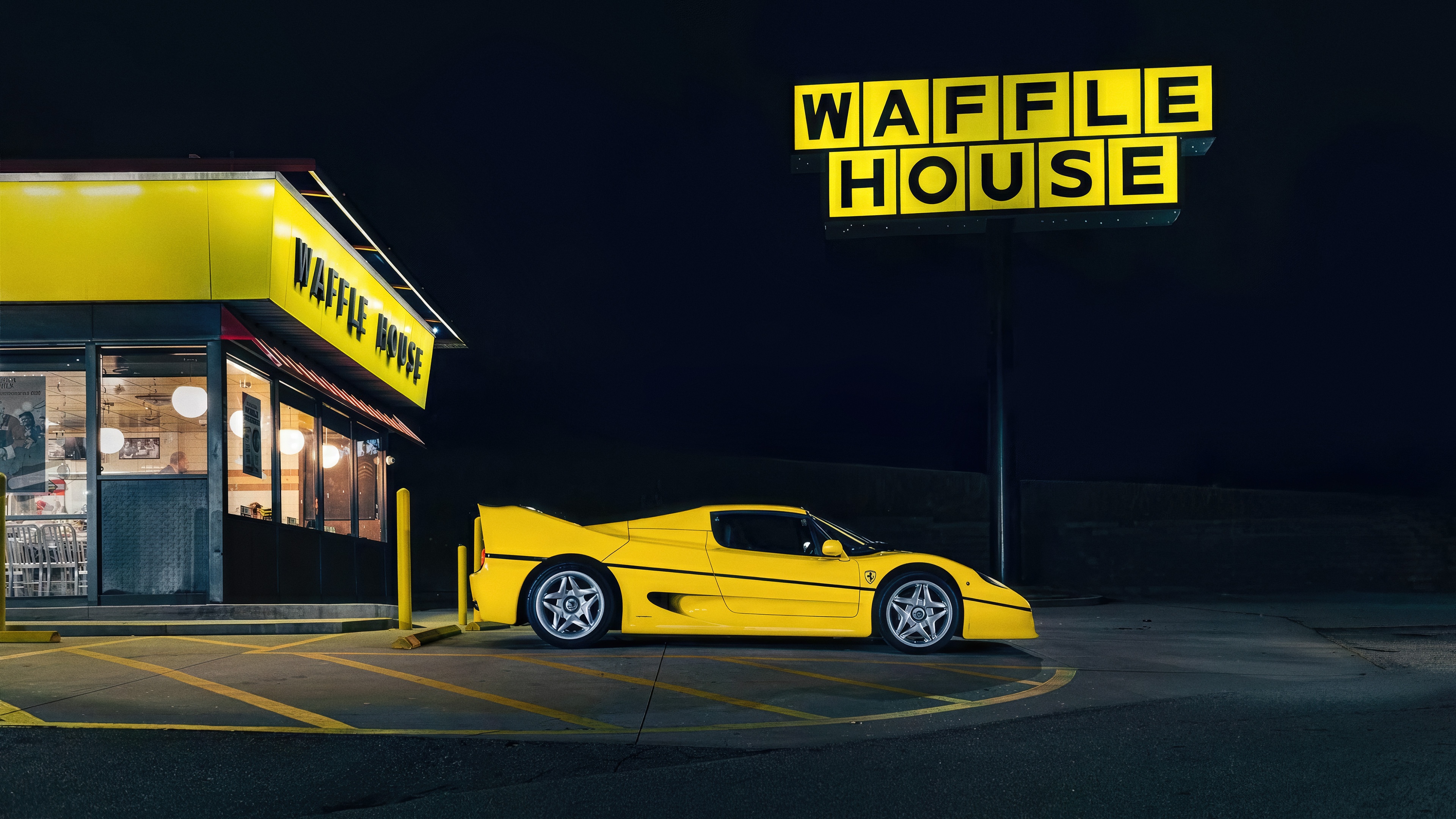 Yellow Ferrari F50 at Waffle House at Night HD Wallpaper