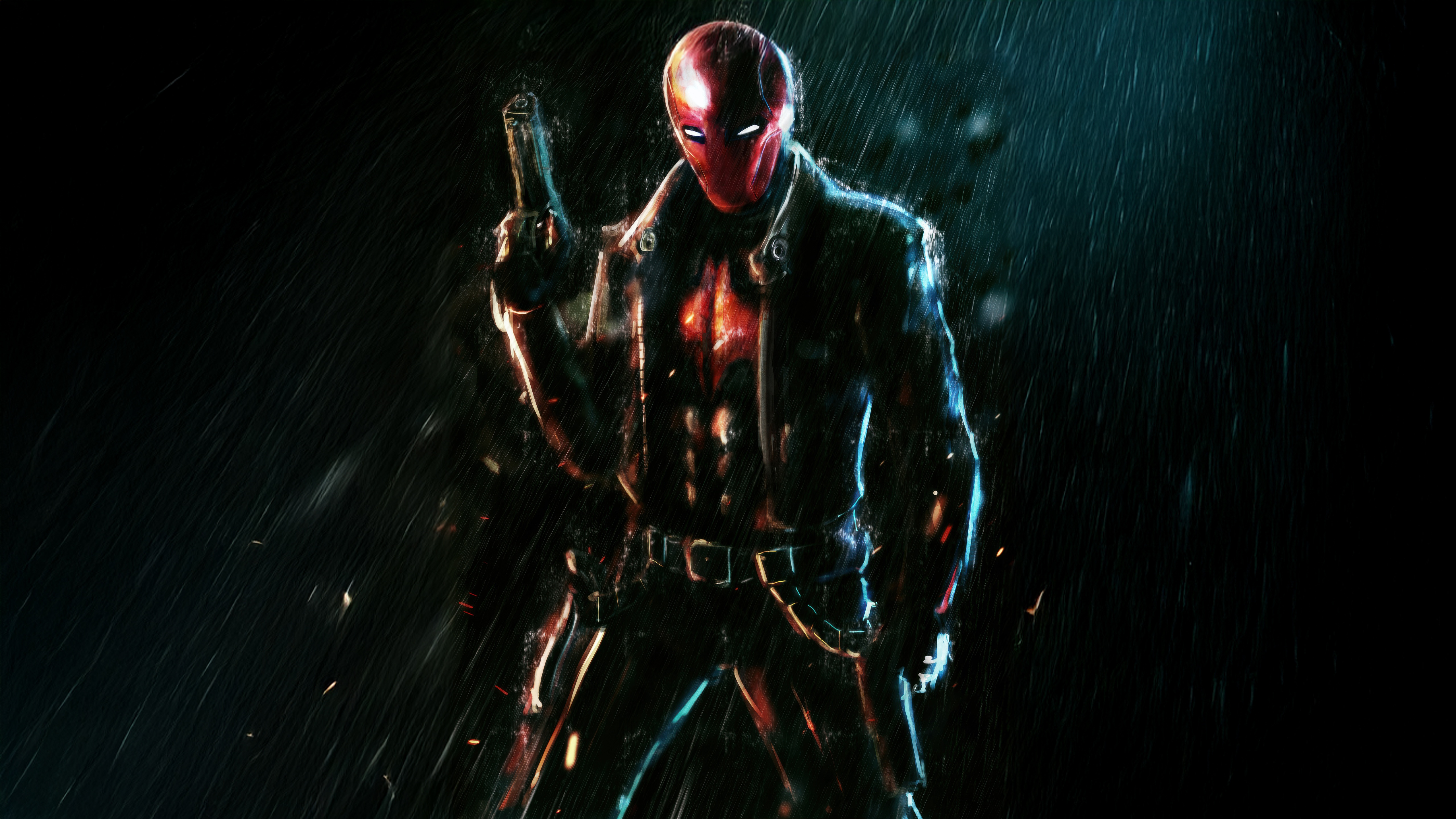 Red Hood holding a gun in the rain HD Wallpaper