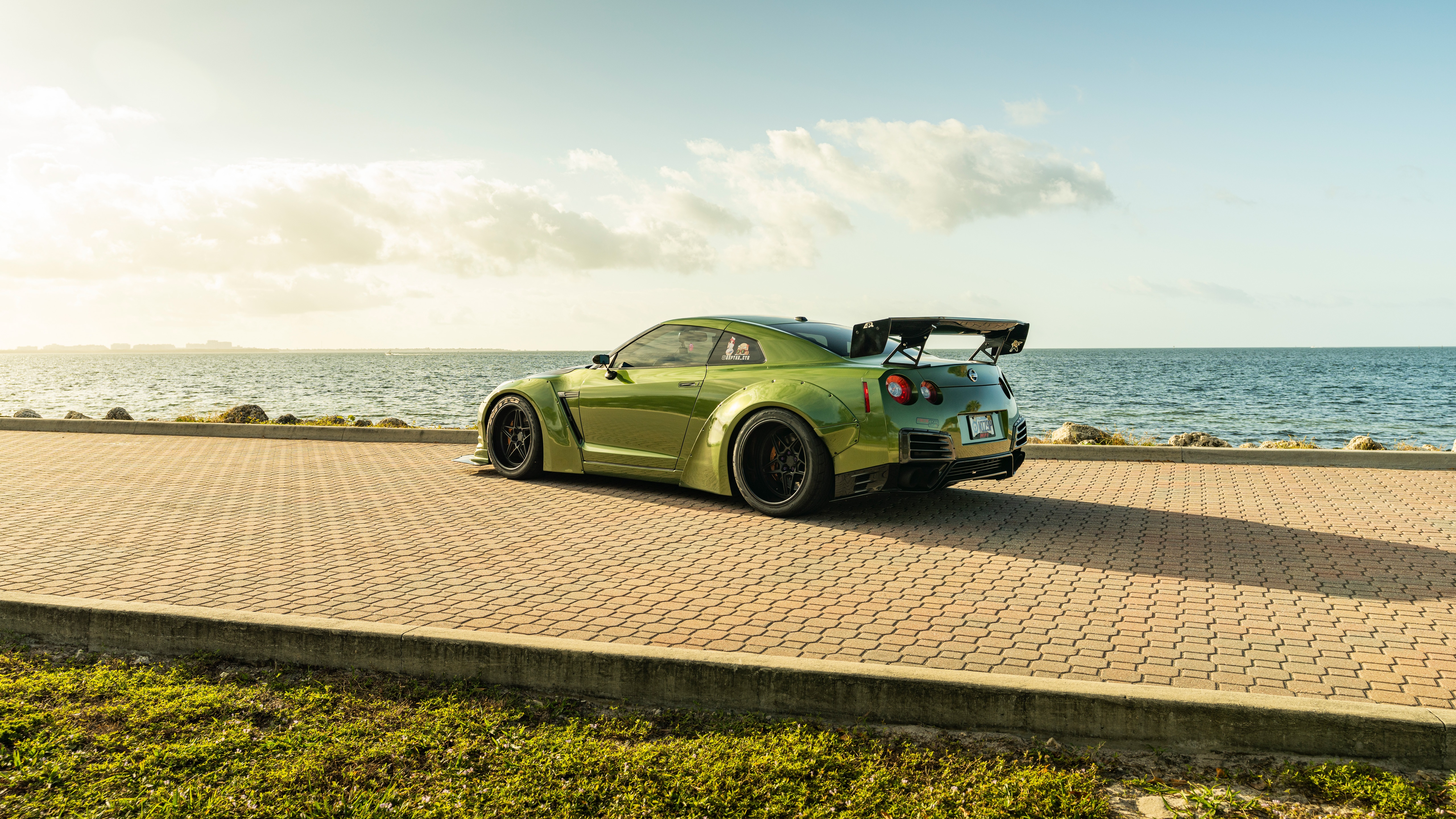 Green Nissan GTR Libertywalk by the Ocean HD Wallpaper