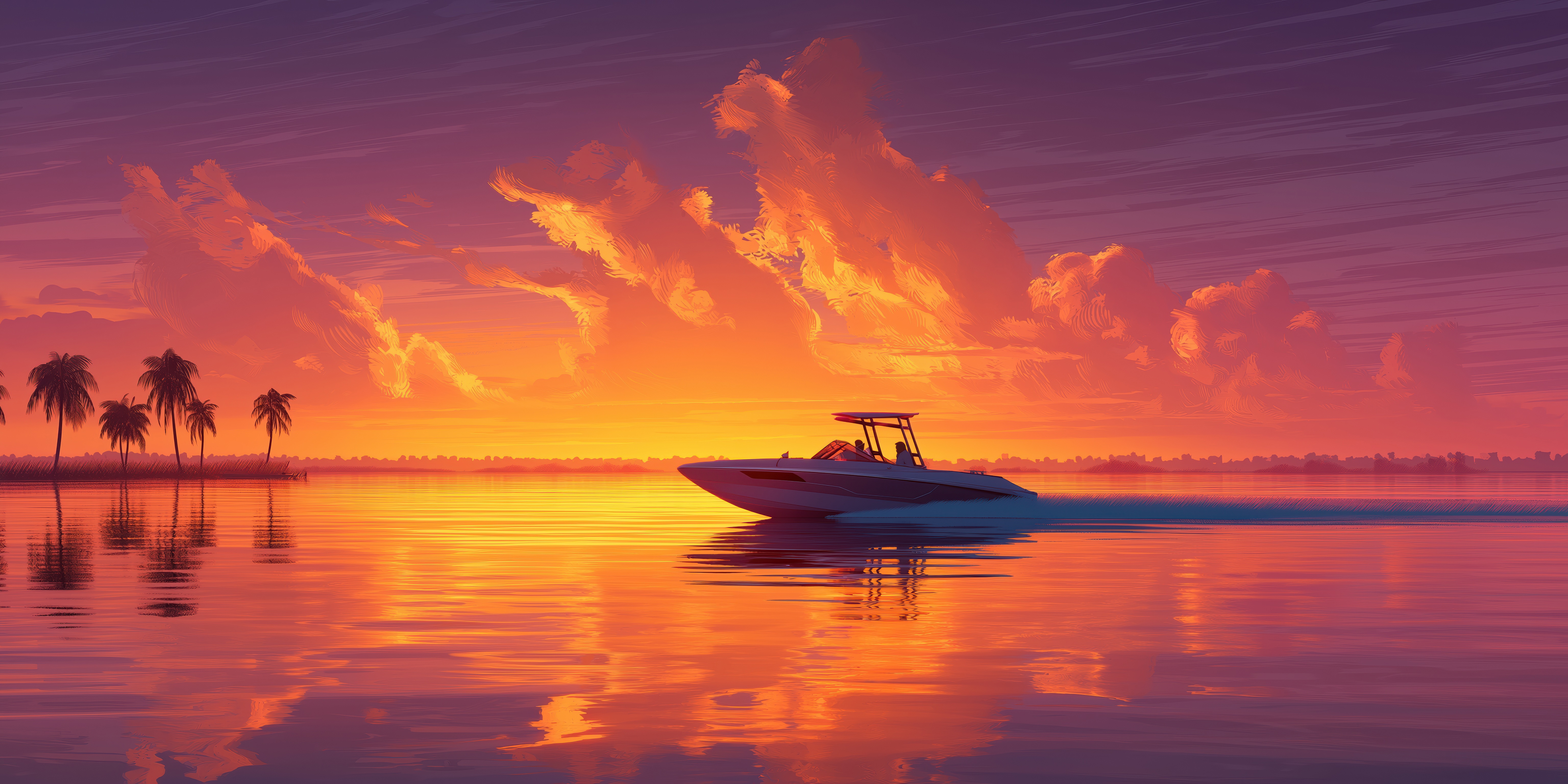 Boat sailing on water with palm trees and sunset HD Wallpaper