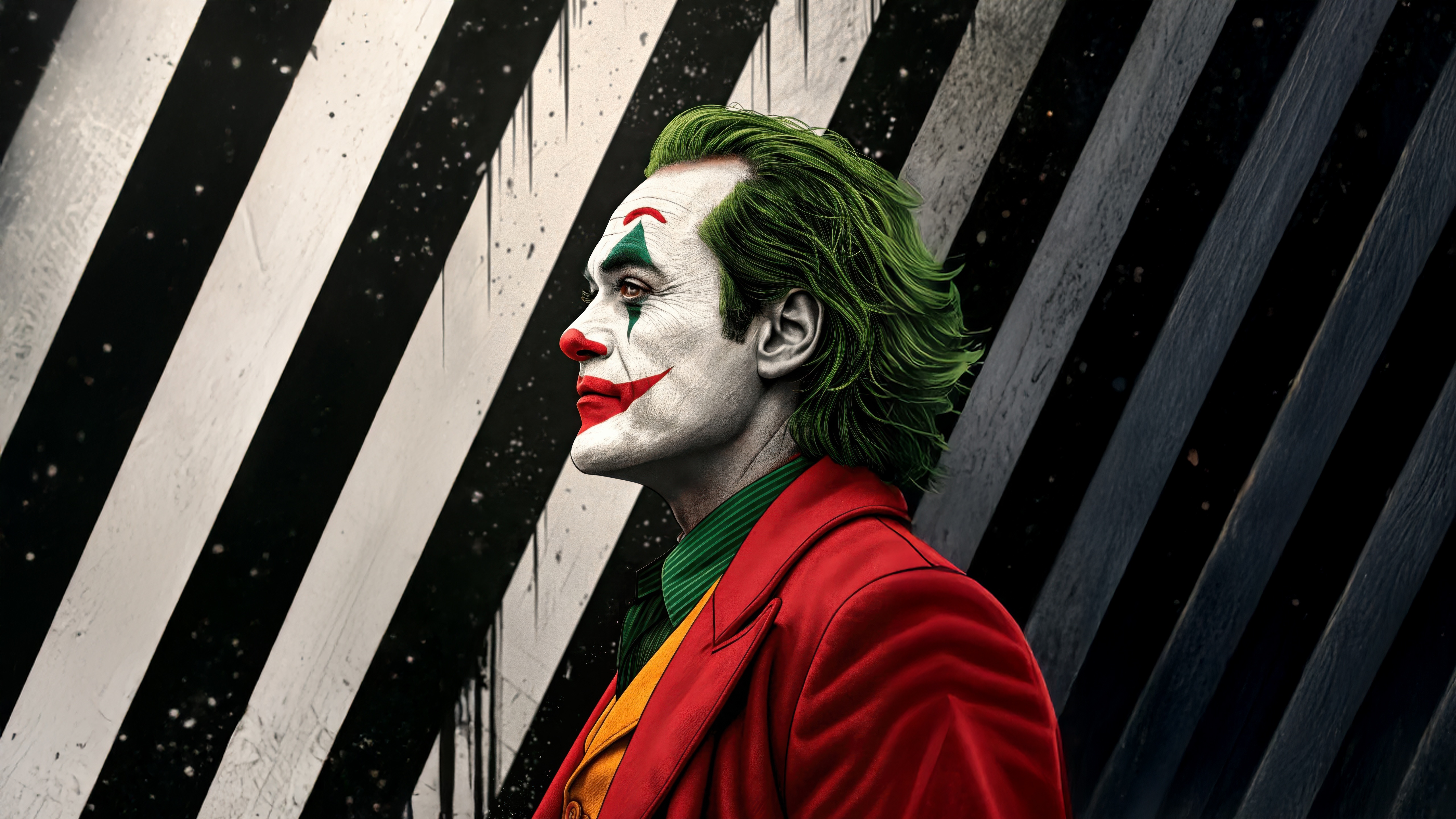 Joker in Red Suit Against Black and White Stripes HD Wallpaper