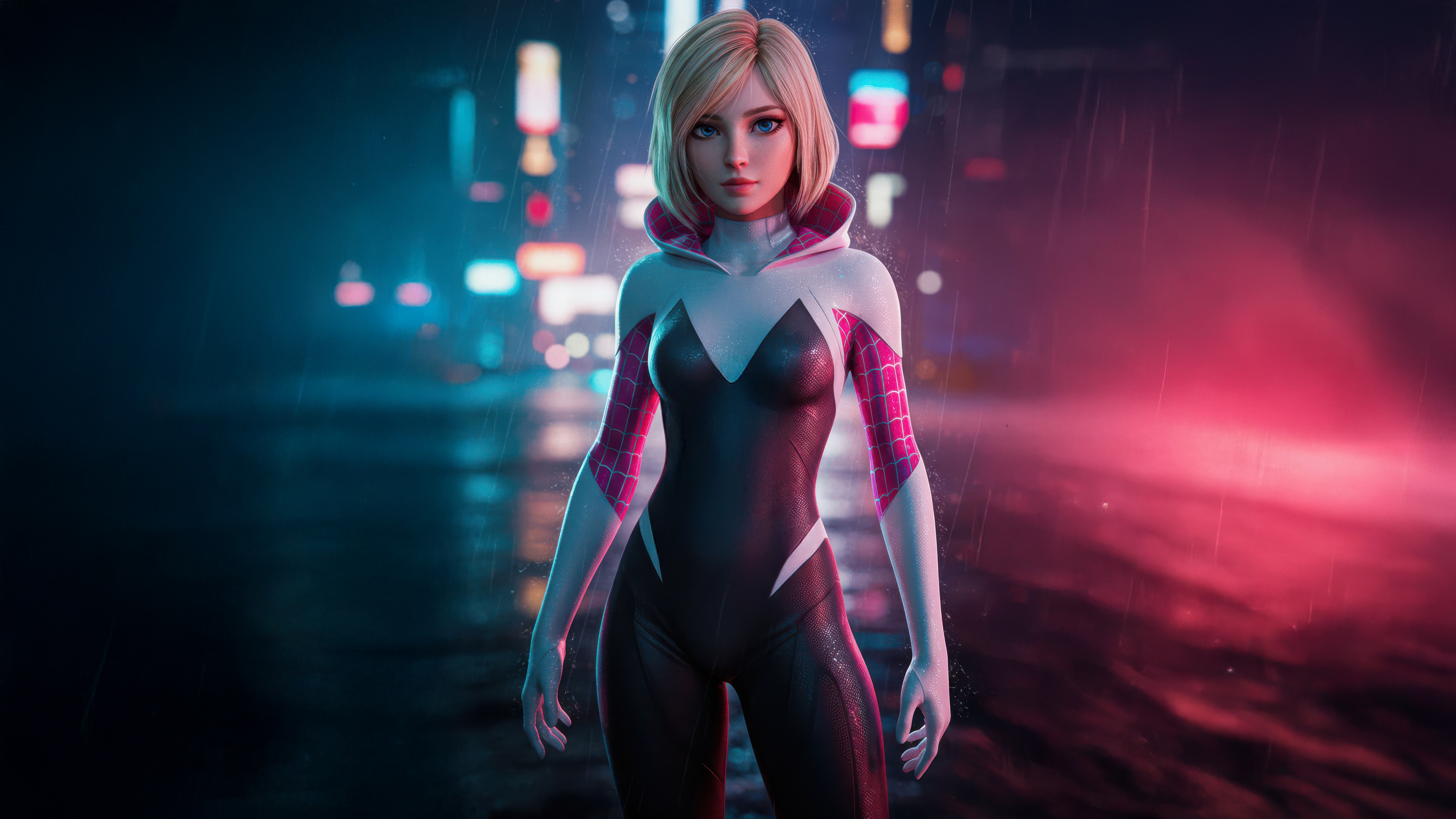 Gwen Stacy in a Spider-Gwen costume in a rainy city HD Wallpaper