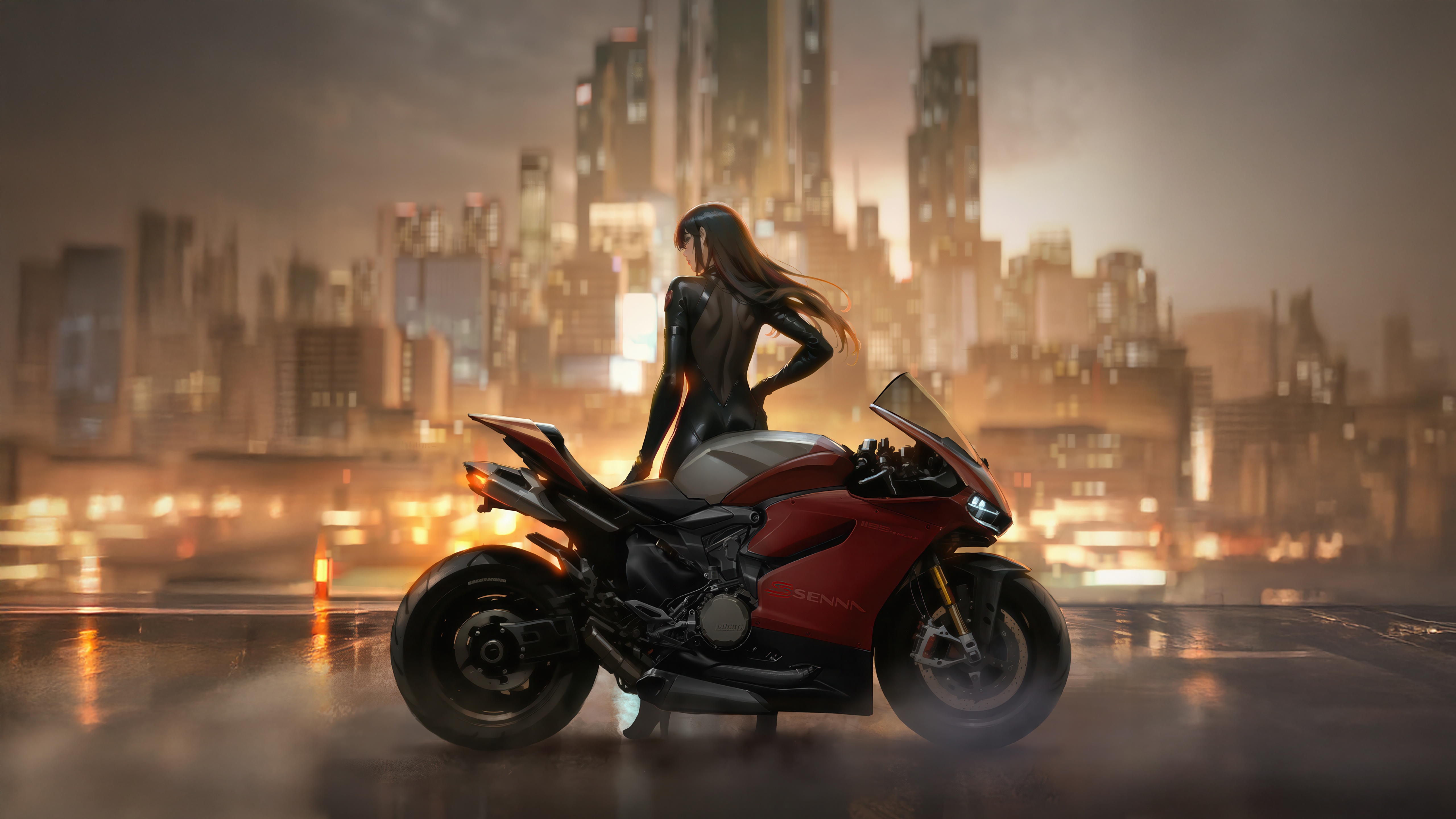 Cyberpunk Huntress on a Motorcycle Overlooking Metropolis HD Wallpaper