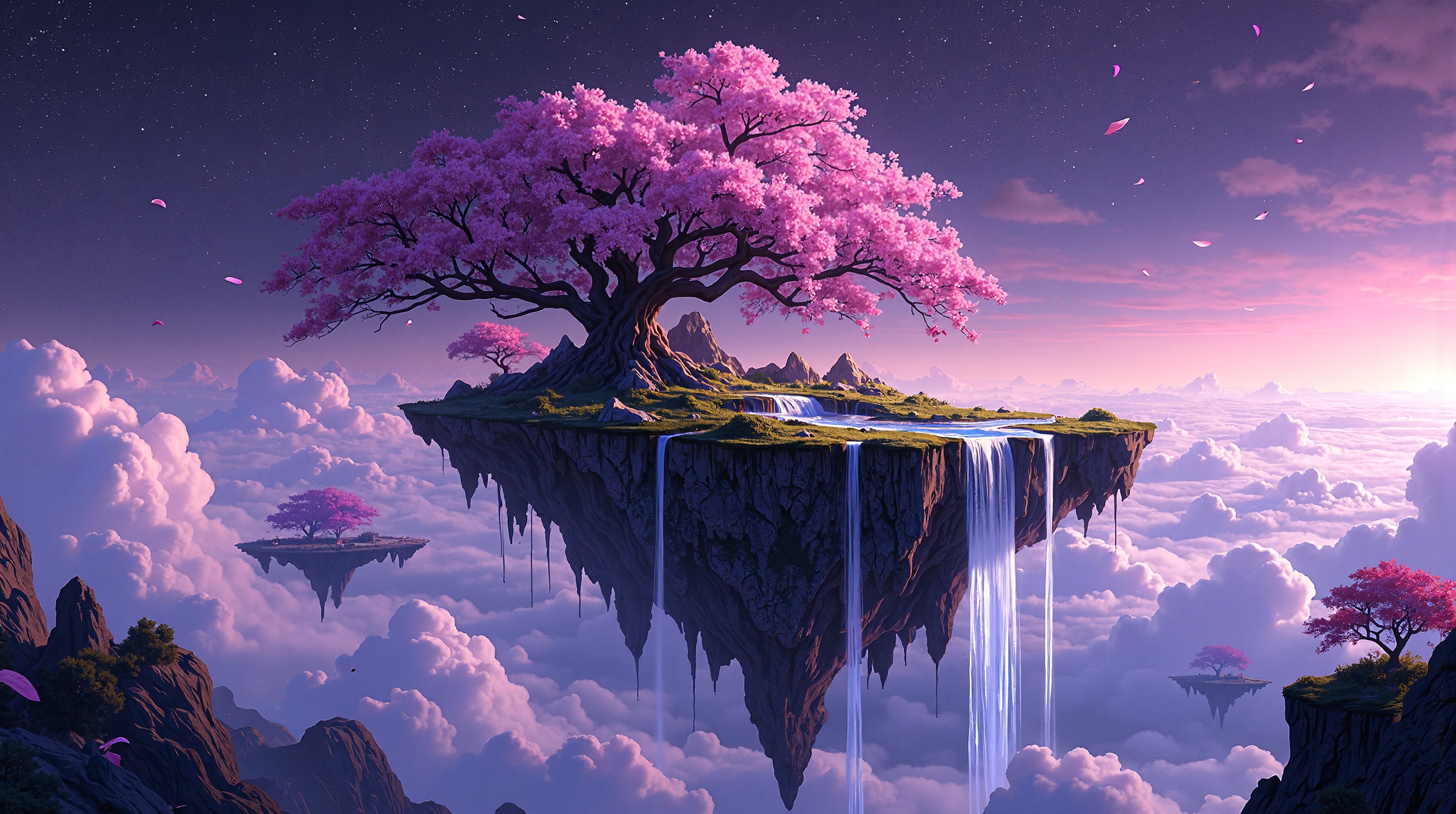Floating Islands with Cherry Blossom Trees and Waterfalls HD Wallpaper