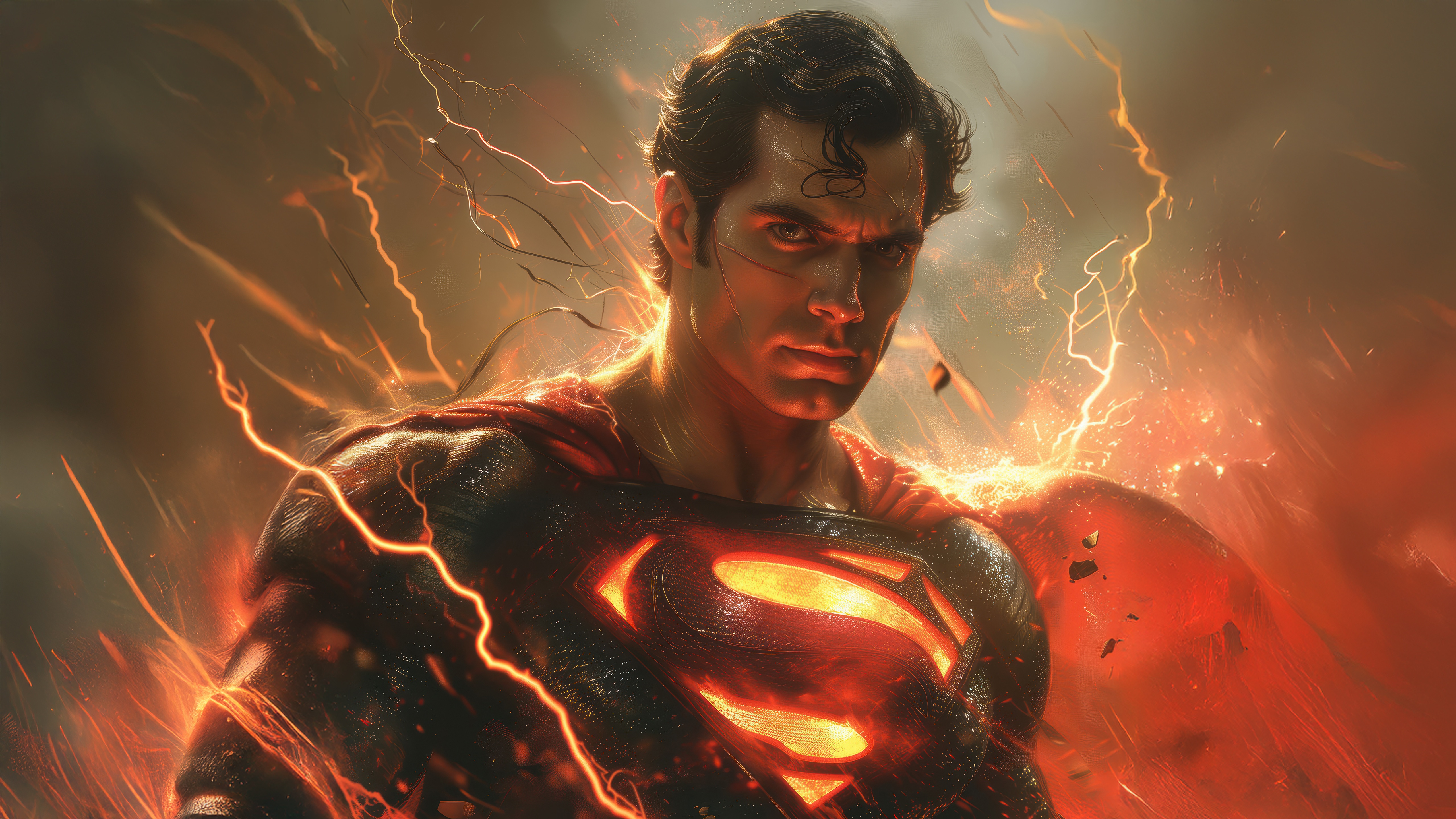 Superman with glowing S-shield and lightning HD Wallpaper