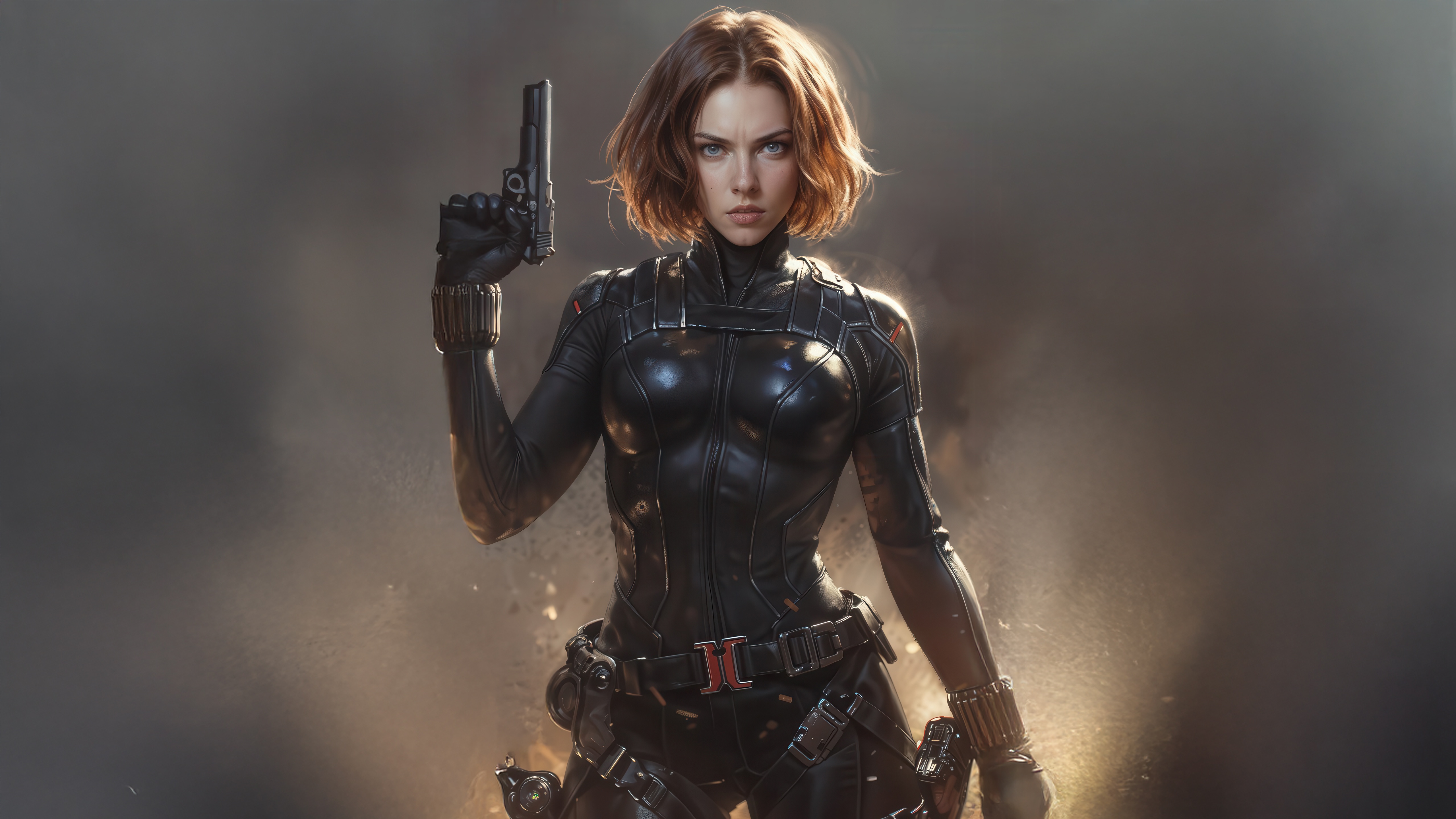 Natasha Romanoff holding a pistol in a combat suit HD Wallpaper