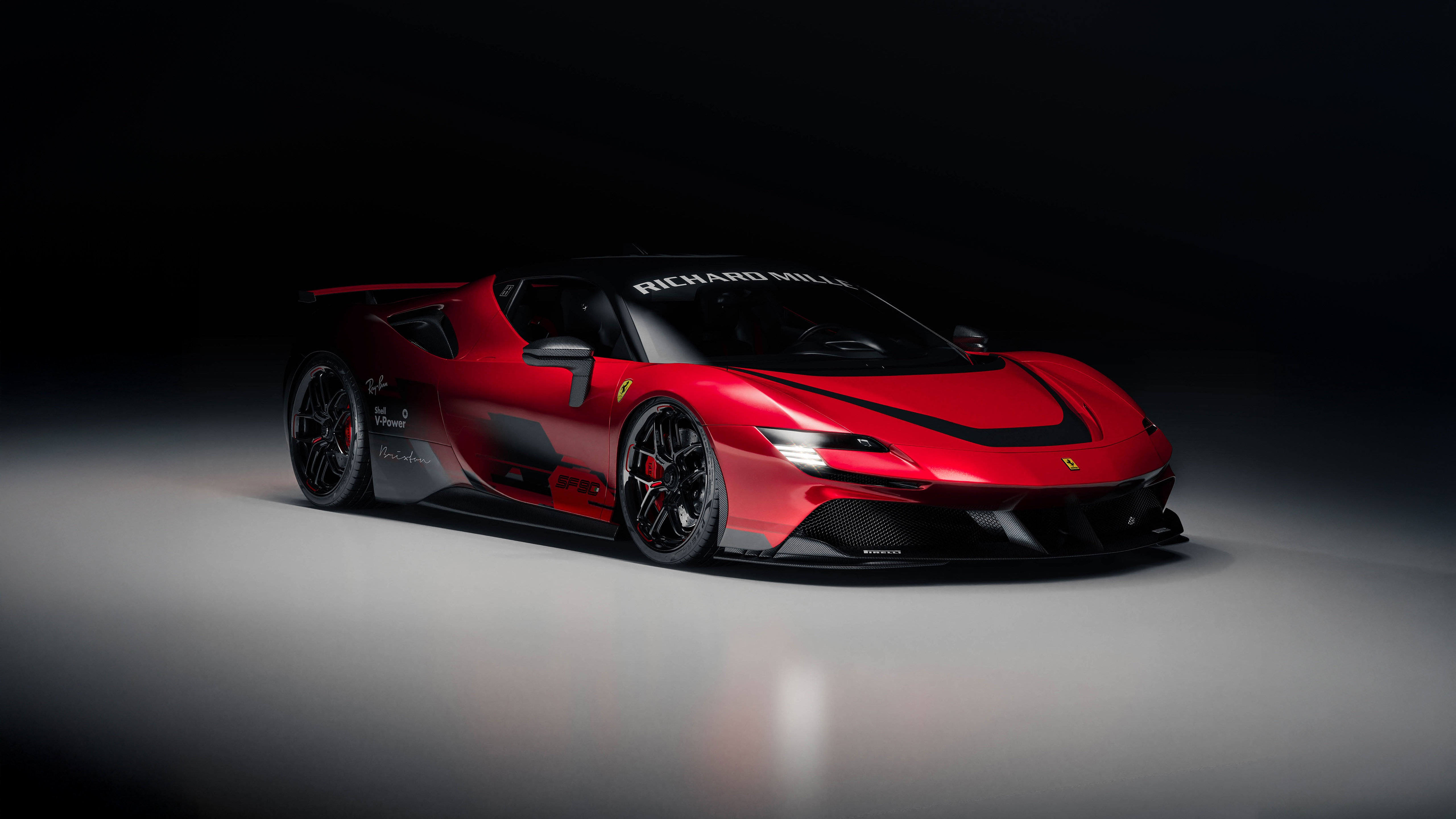 Red Ferrari SF90 Stradale with Richard Mille branding HD Wallpaper