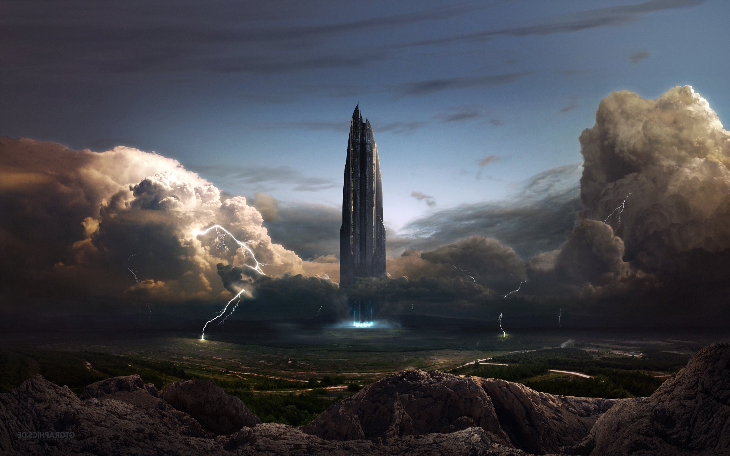 Futuristic tower in a stormy landscape with lightning HD Wallpaper