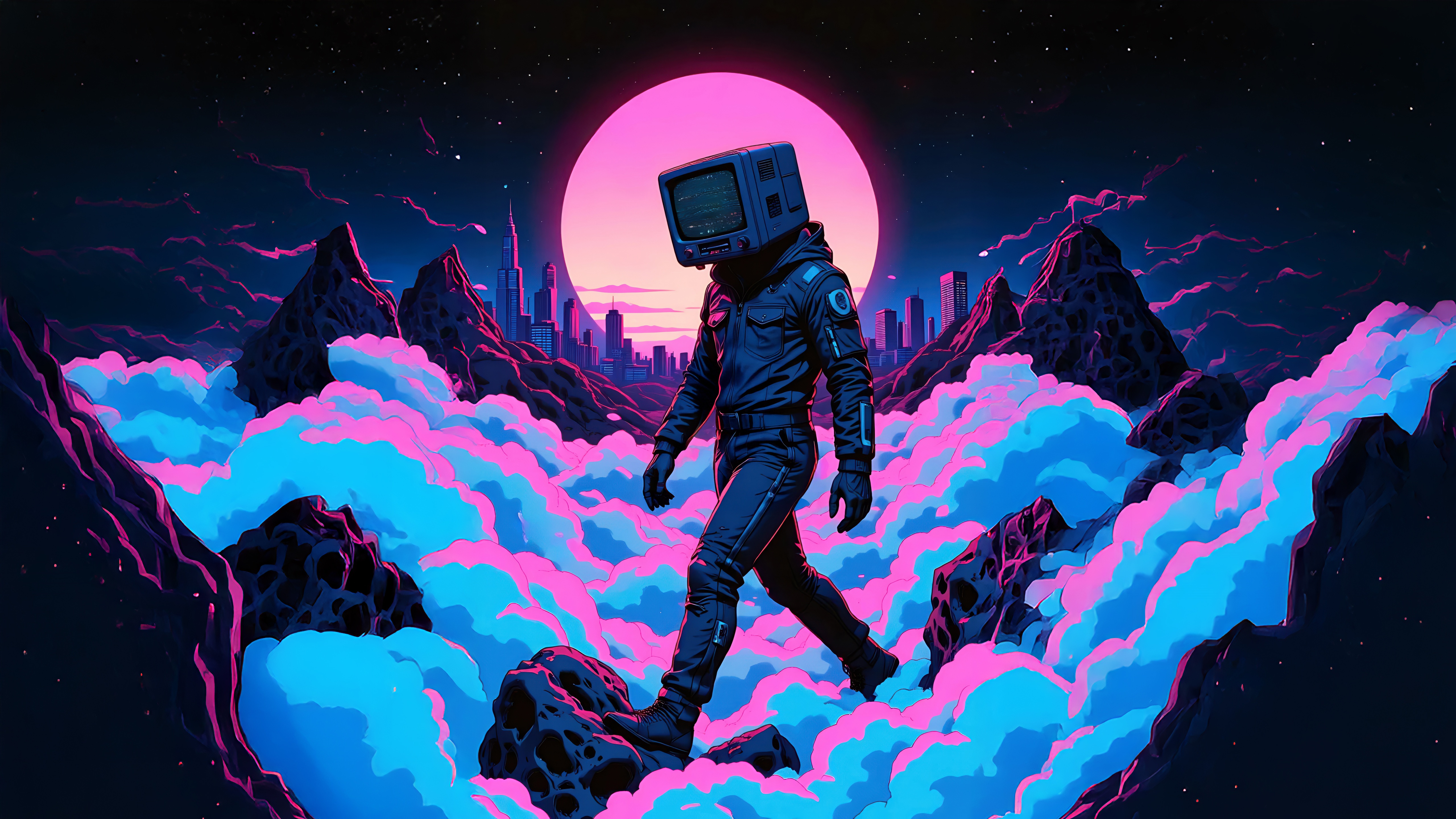 Tv Head walks through a neon landscape HD Wallpaper