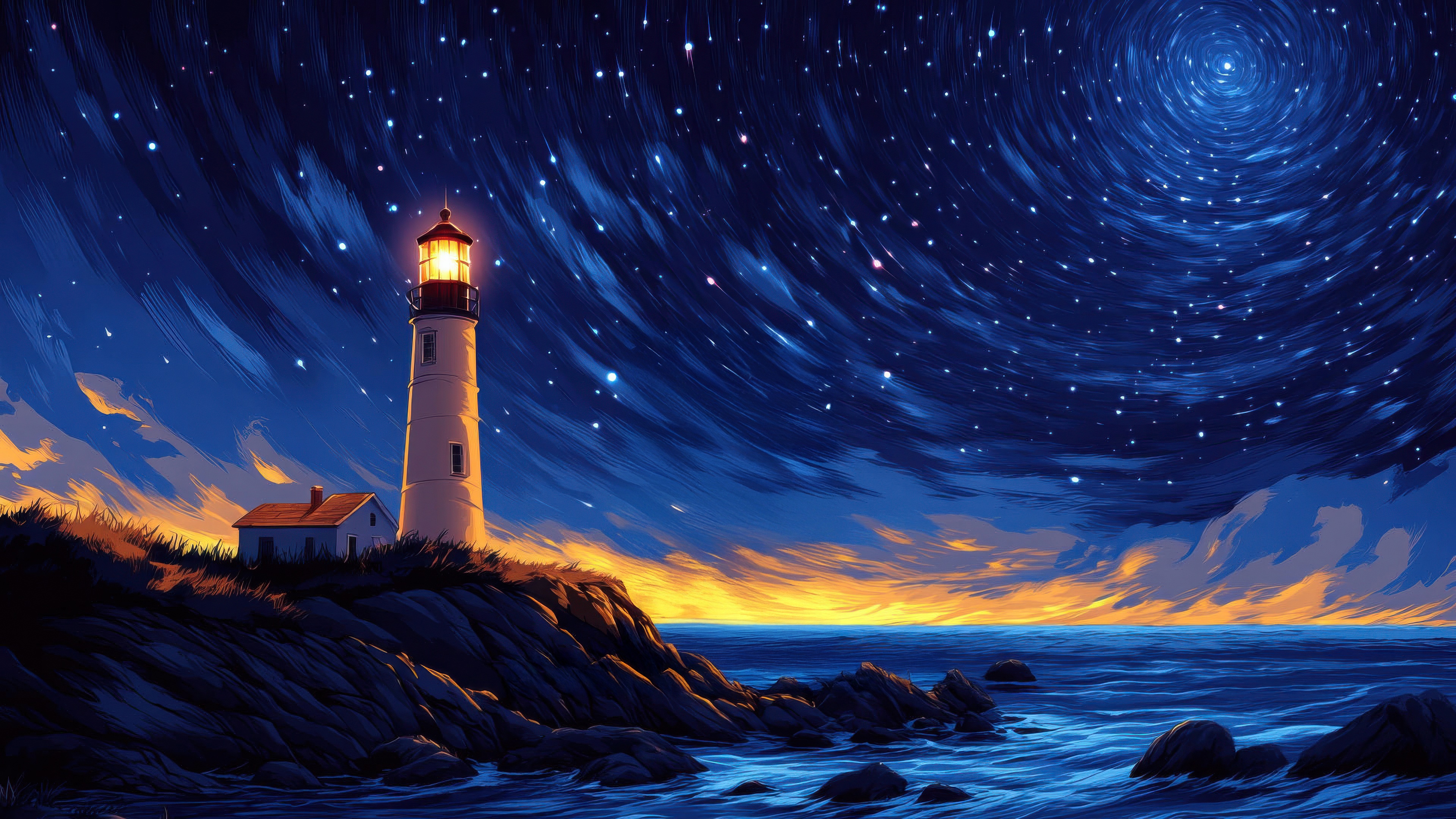Lighthouse Under the Stars HD Wallpaper