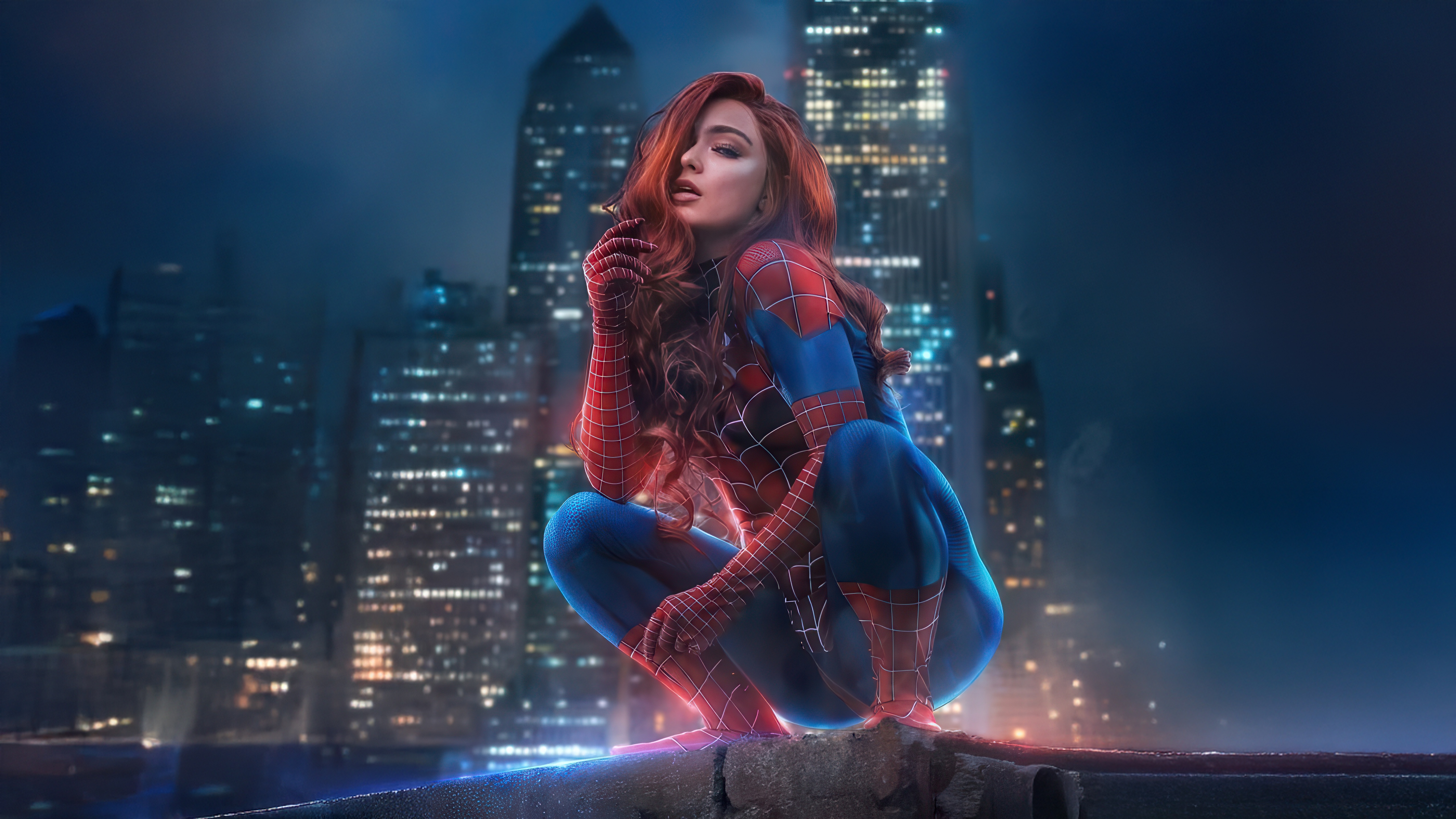 Spider-Woman Crouching on a Rooftop at Night HD Wallpaper