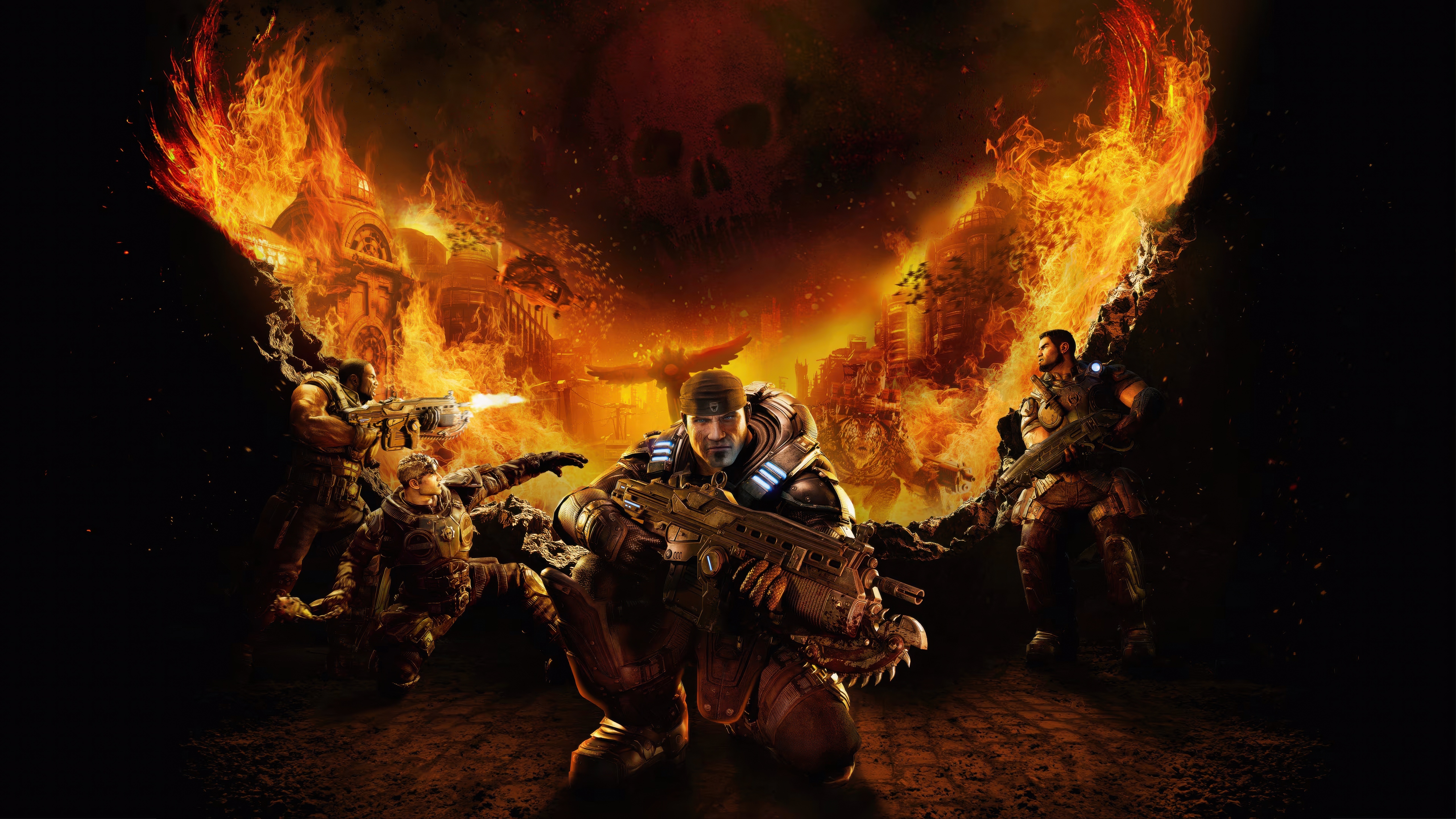 Gears of War Reloaded soldiers in a fiery city HD Wallpaper