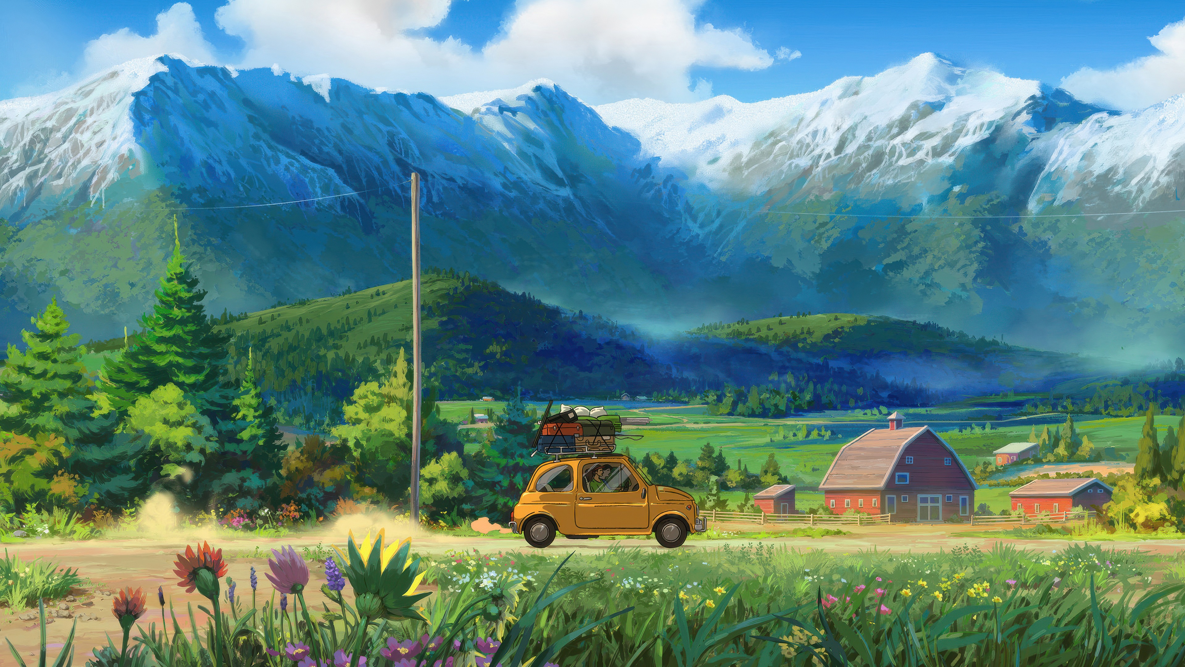 Countryside Adventure with a Yellow Car and Mountains HD Wallpaper