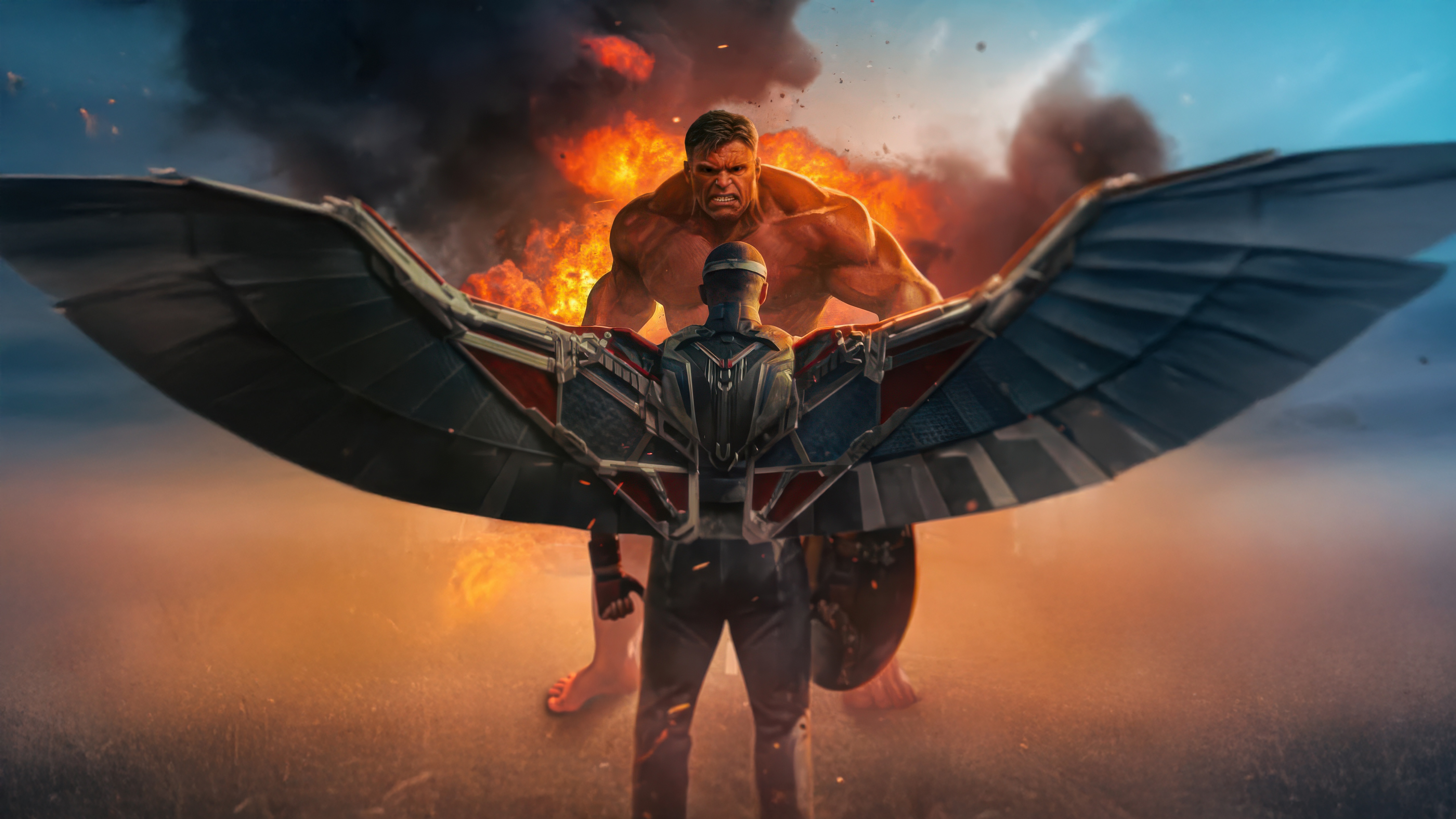 Hulk vs. Falcon in fiery battle HD Wallpaper