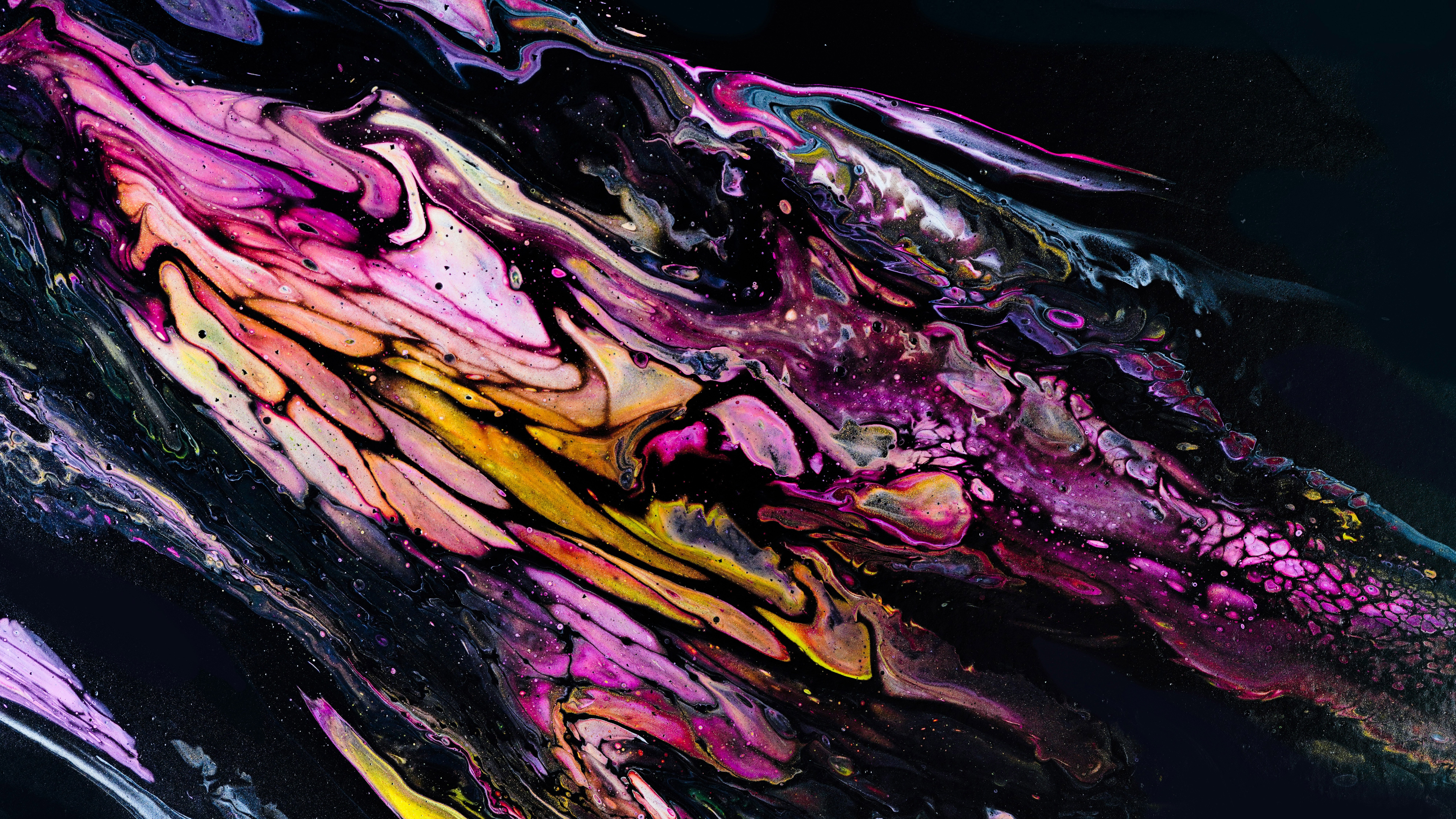 Abstract fluid art with pink, yellow, and purple swirls HD Wallpaper