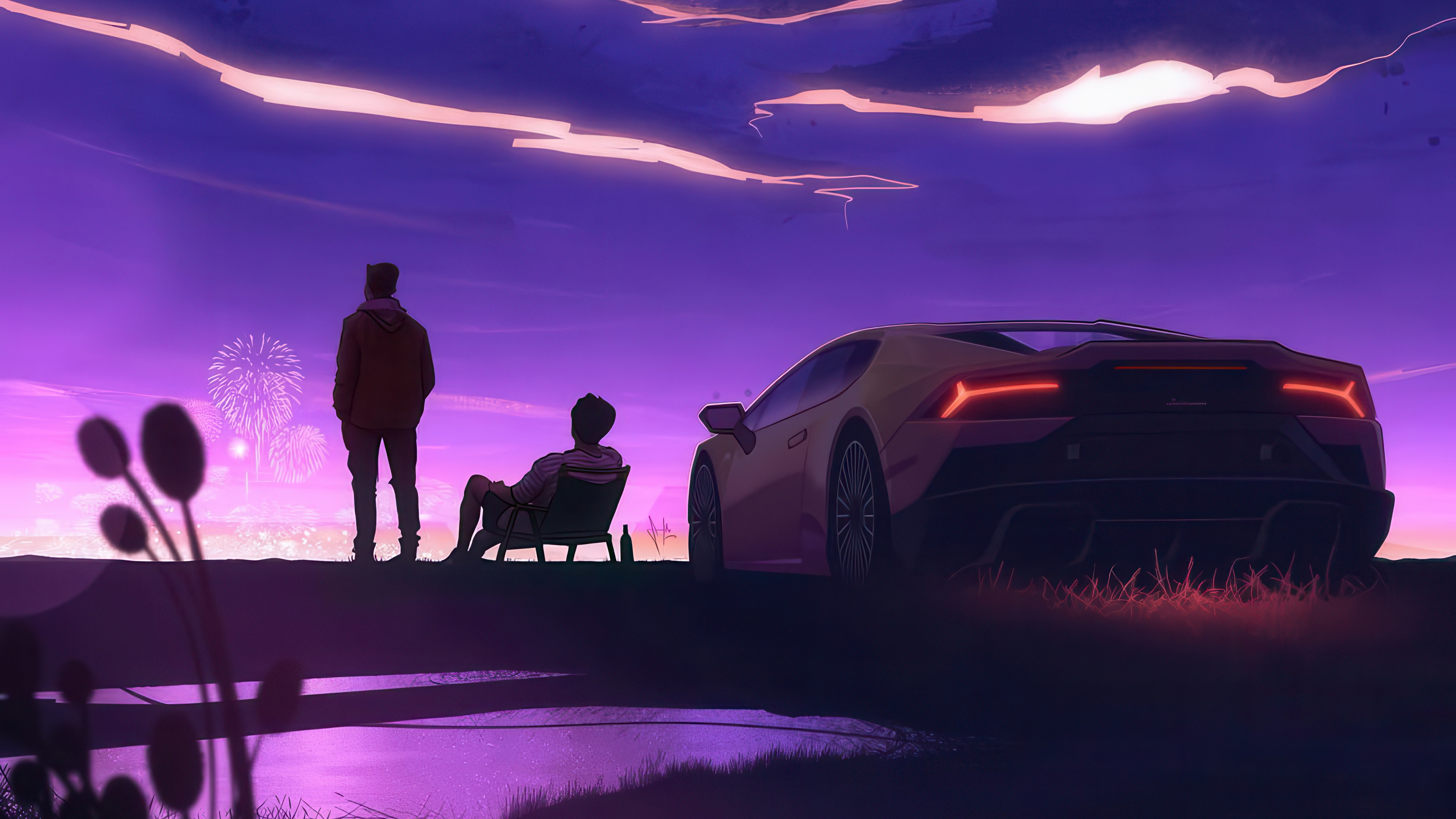 Two people and a Lamborghini watch fireworks HD Wallpaper