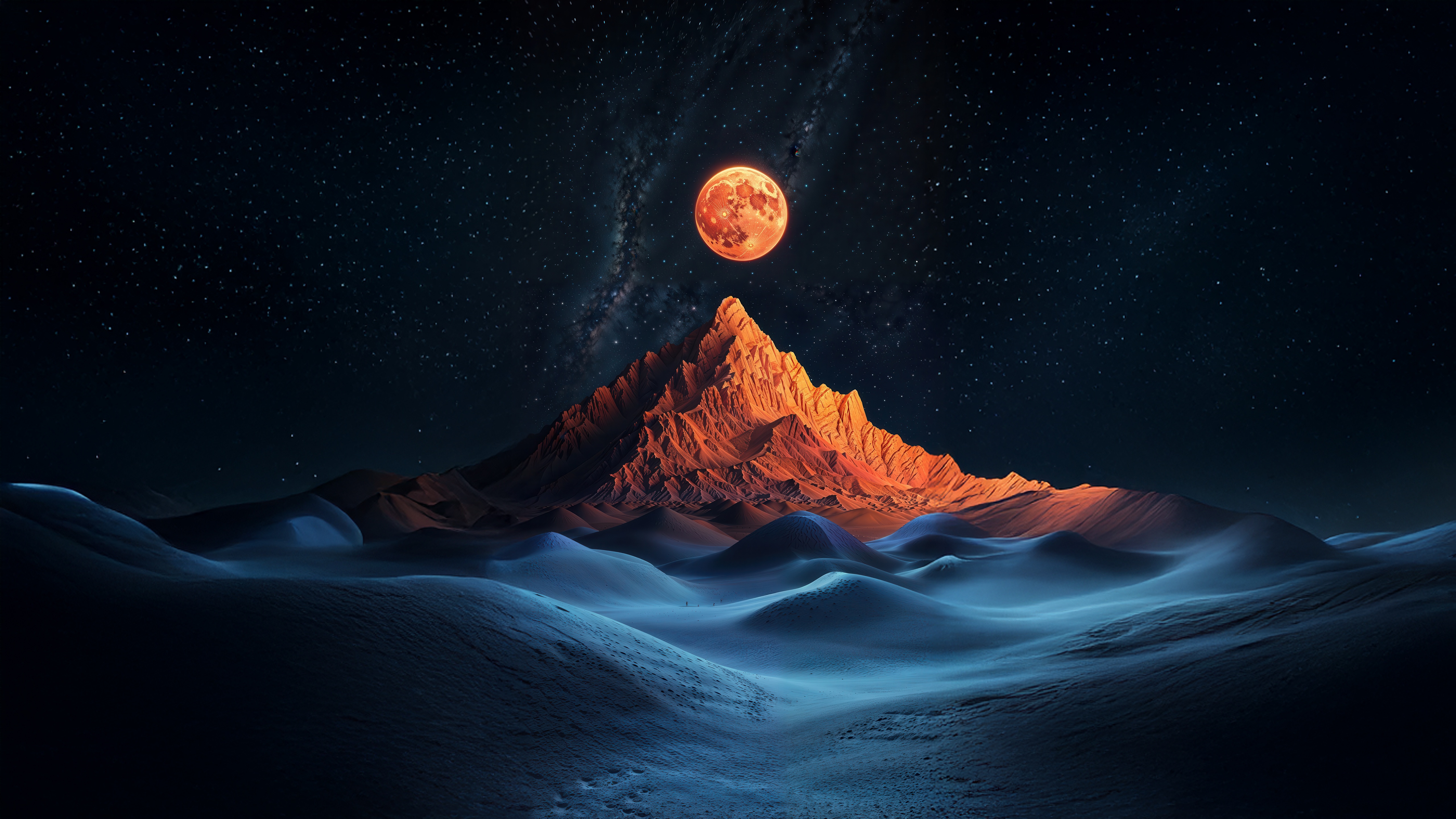 Crimson Moon Over Jagged Mountain Peaks HD Wallpaper