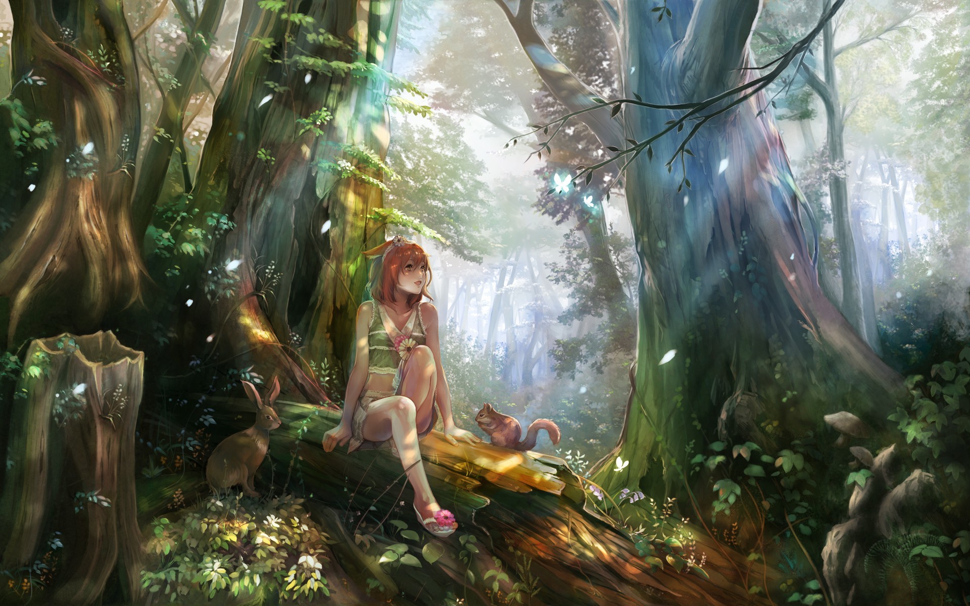 Anime girl with rabbit and squirrel in a forest HD Wallpaper
