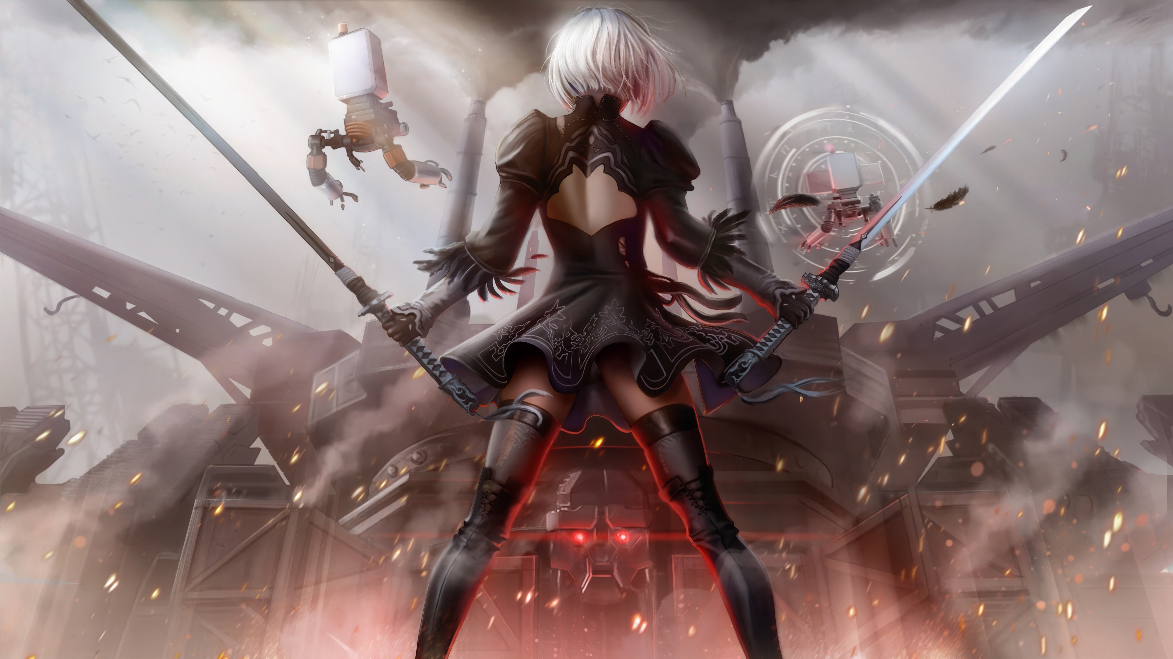 2B from Nier Automata with swords and robots HD Wallpaper