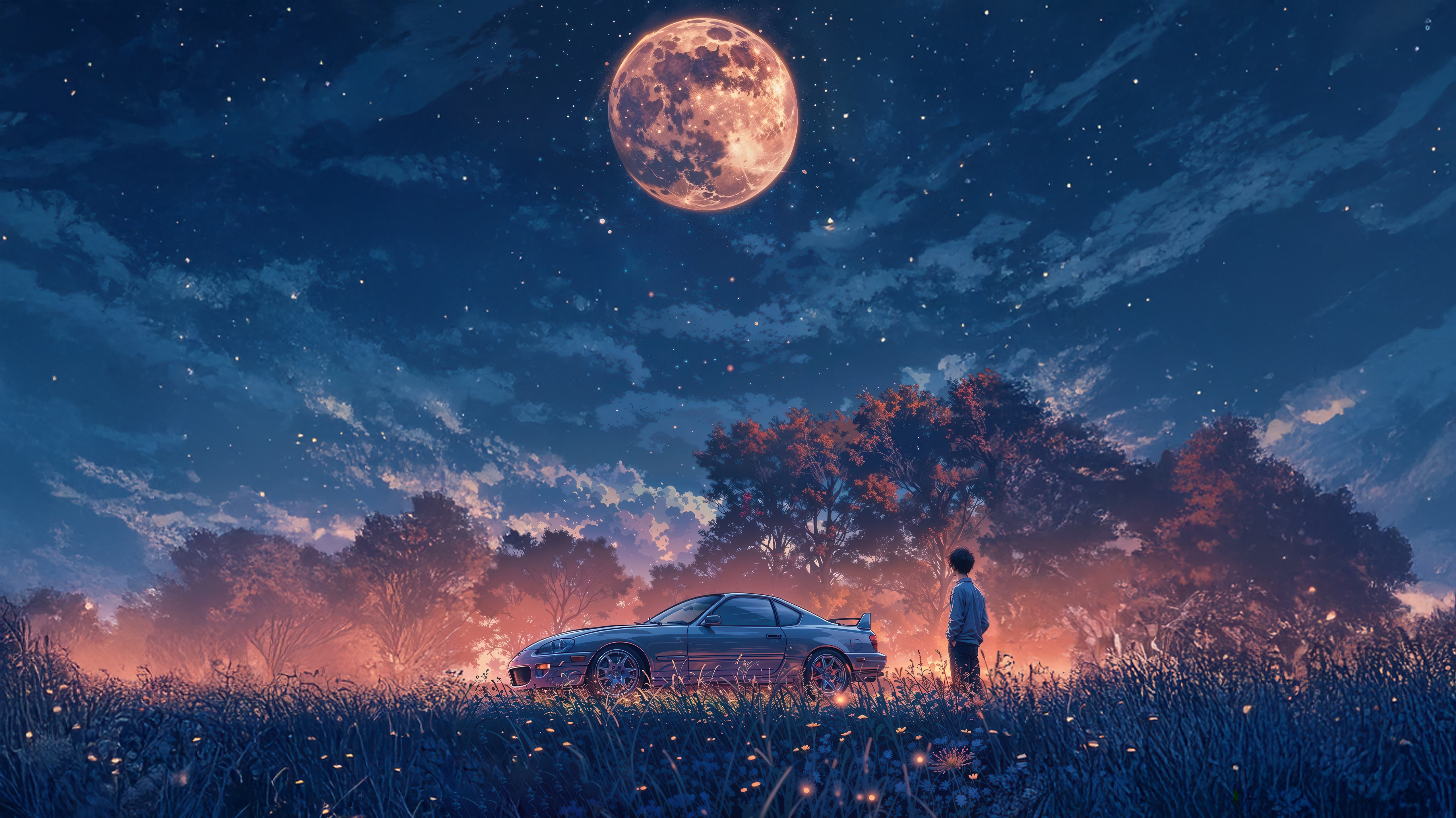 Midnight Drift: A lone figure and a sports car under a full moon. HD Wallpaper
