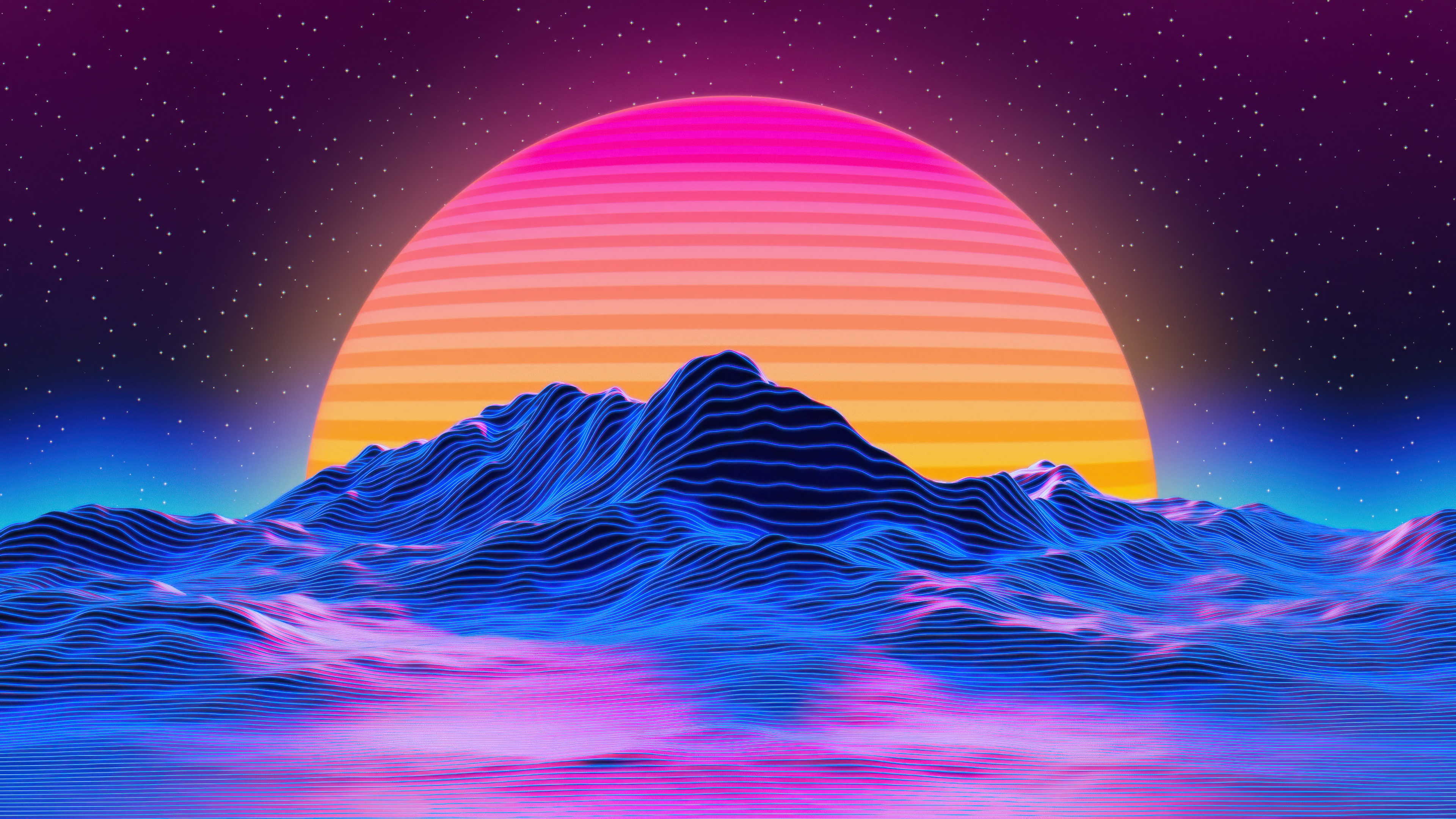Outrun Synthwave Sunrise Over Mountains HD Wallpaper