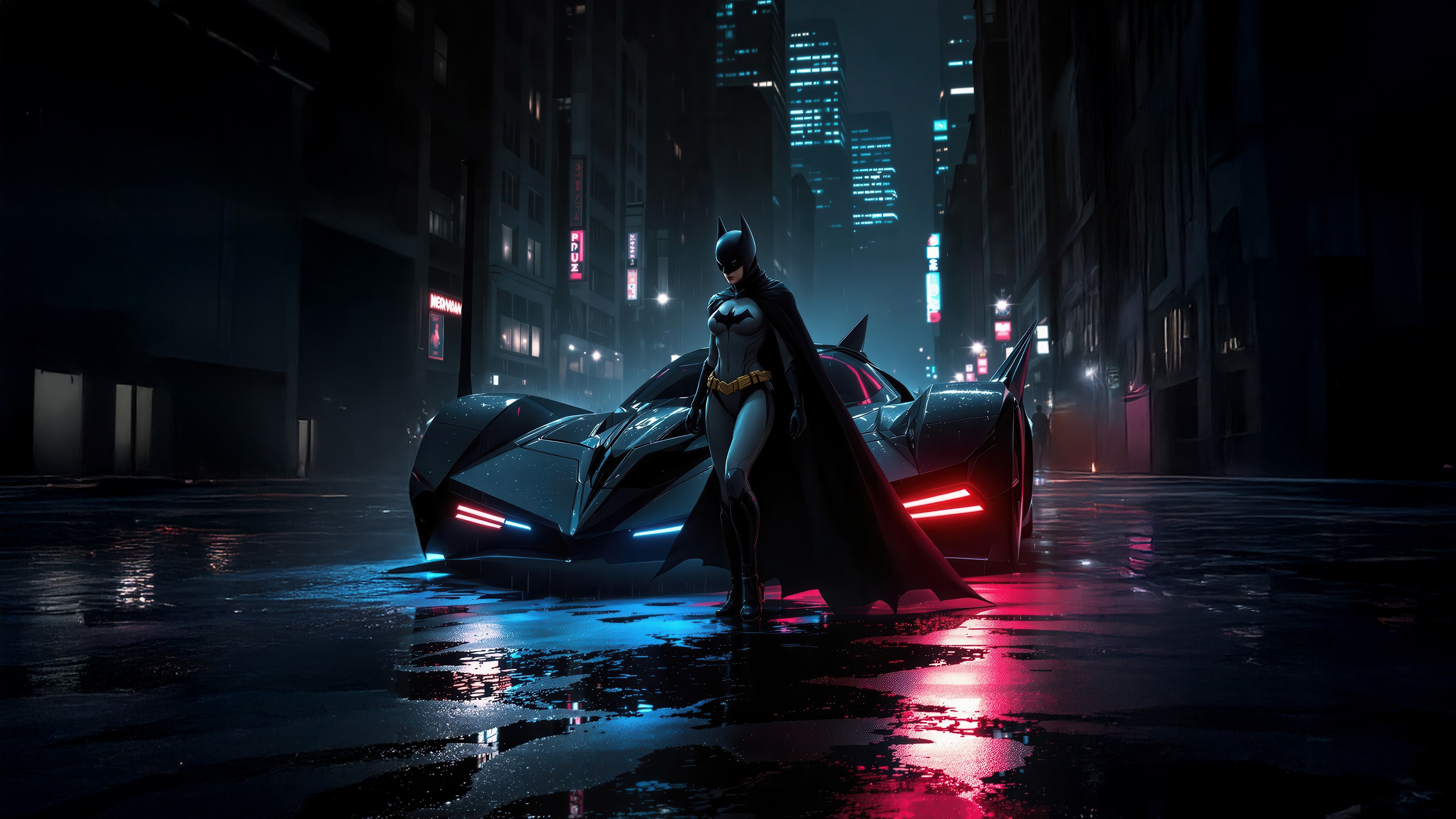 Batwoman and Batmobile in a dark city HD Wallpaper