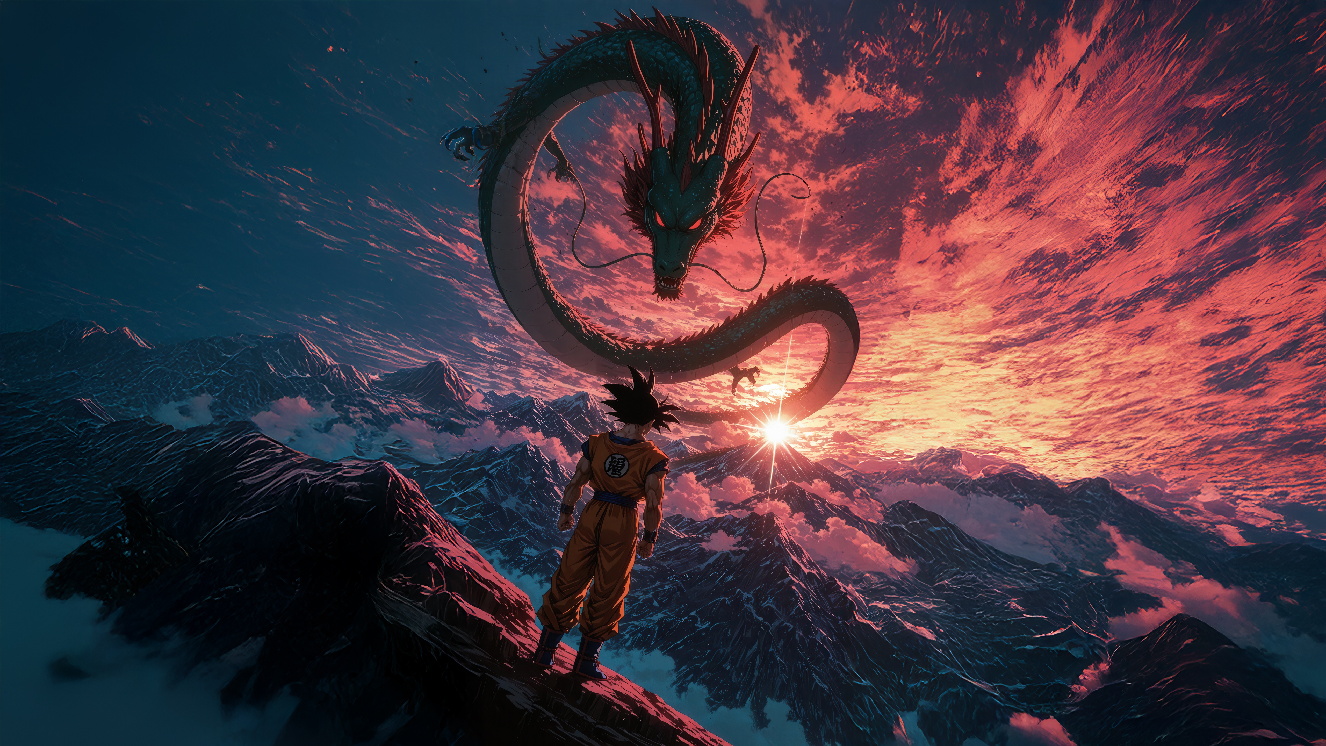 Goku Faces Shenron Over Mountains at Sunset HD Wallpaper