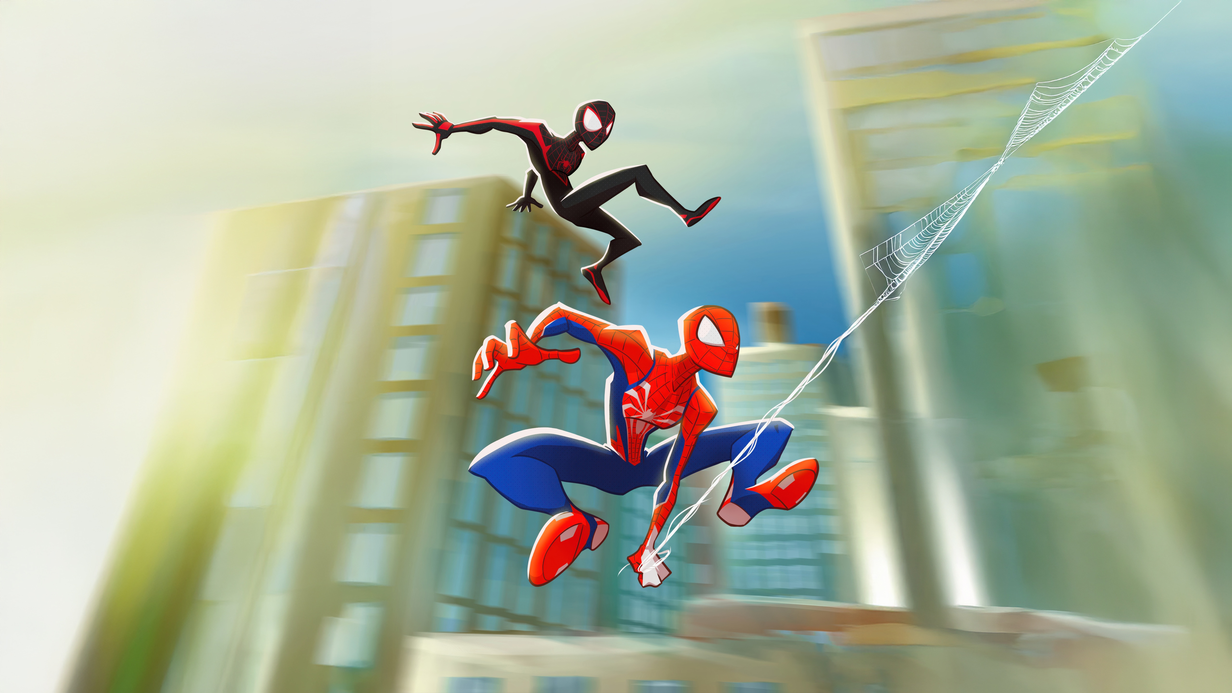 Spider-Man and Miles Morales swinging through city HD Wallpaper
