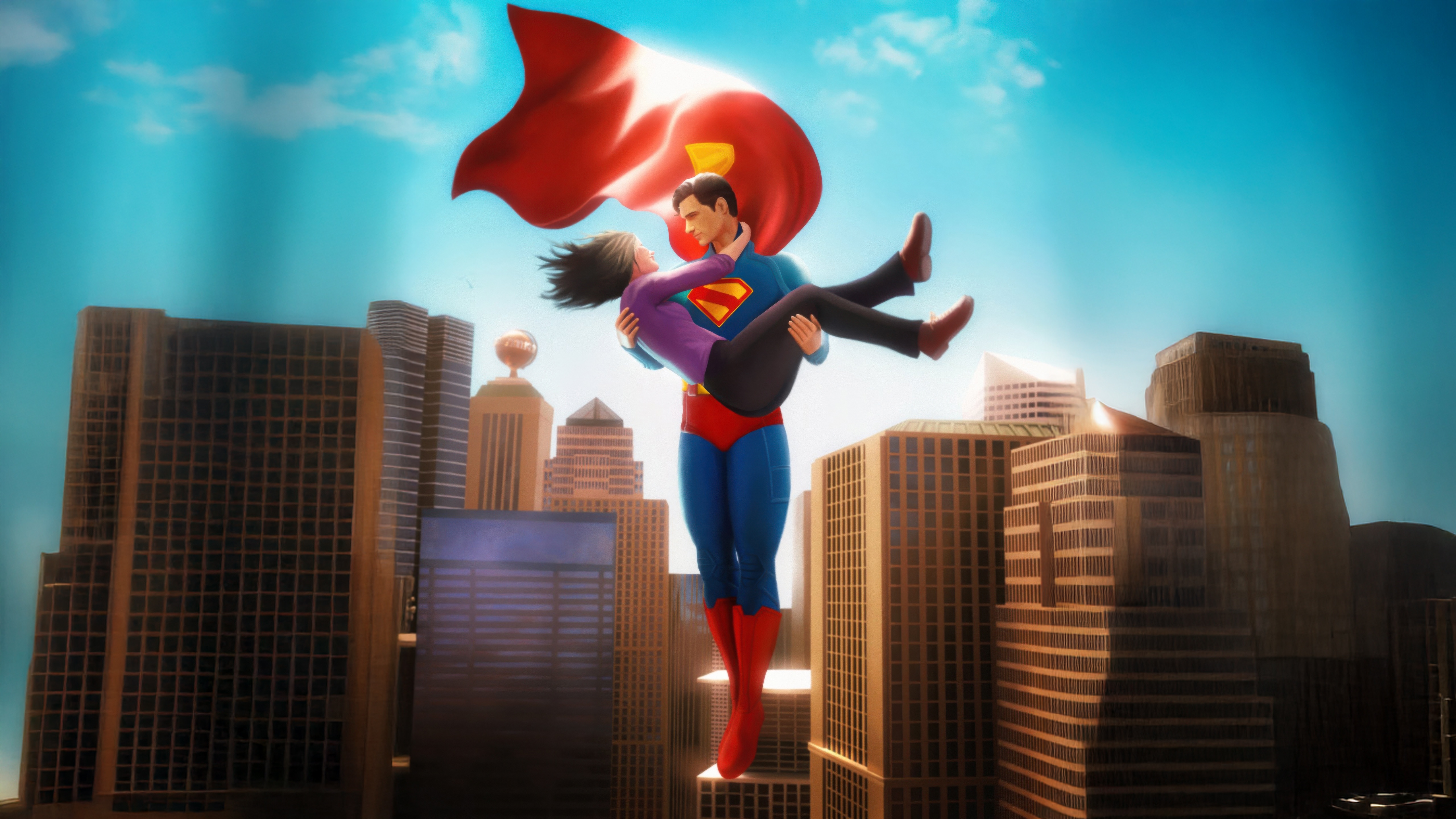 Superman holding Lois Lane over a city HD Wallpaper