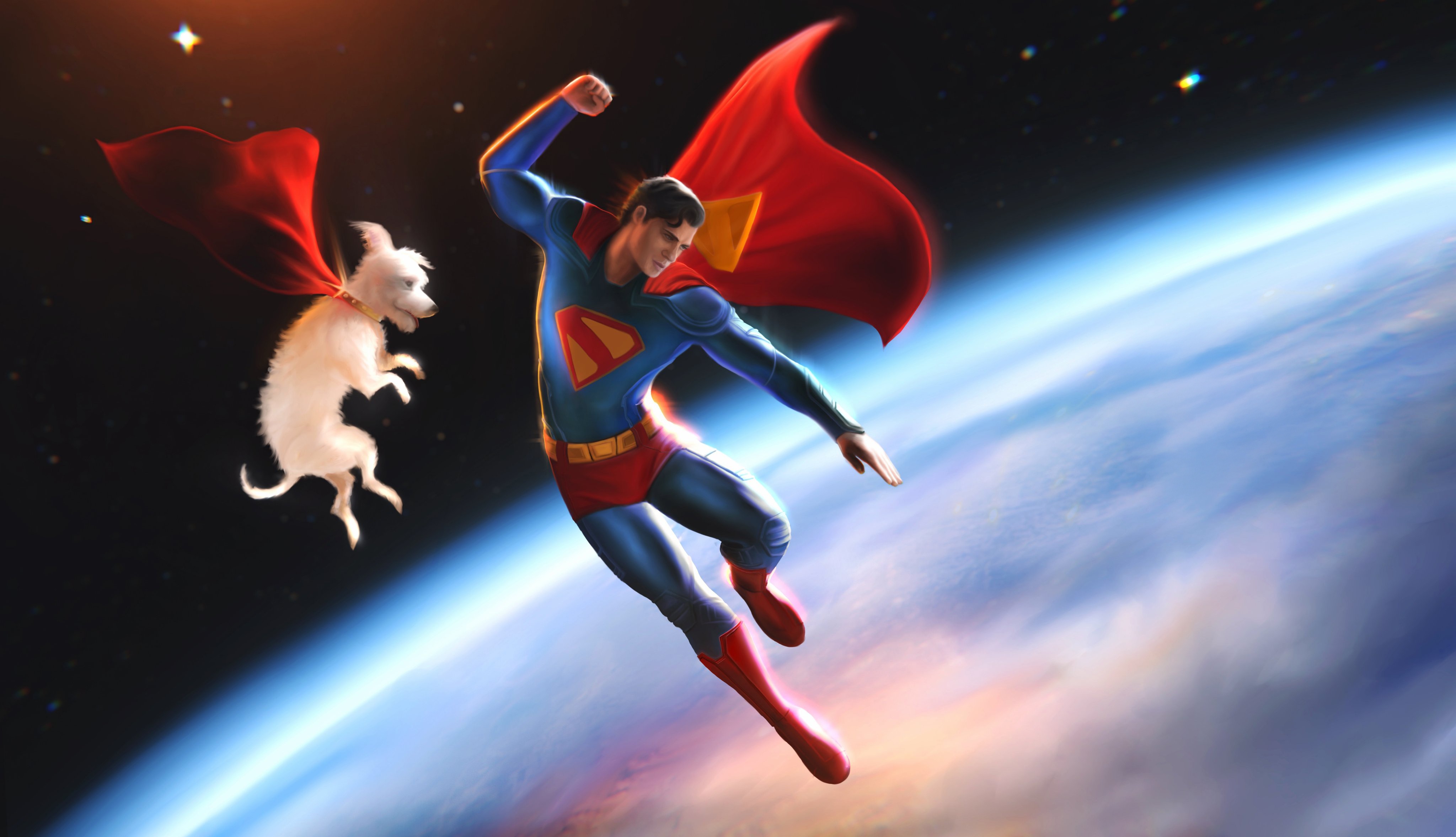 Superman and Krypto flying over Earth HD Wallpaper
