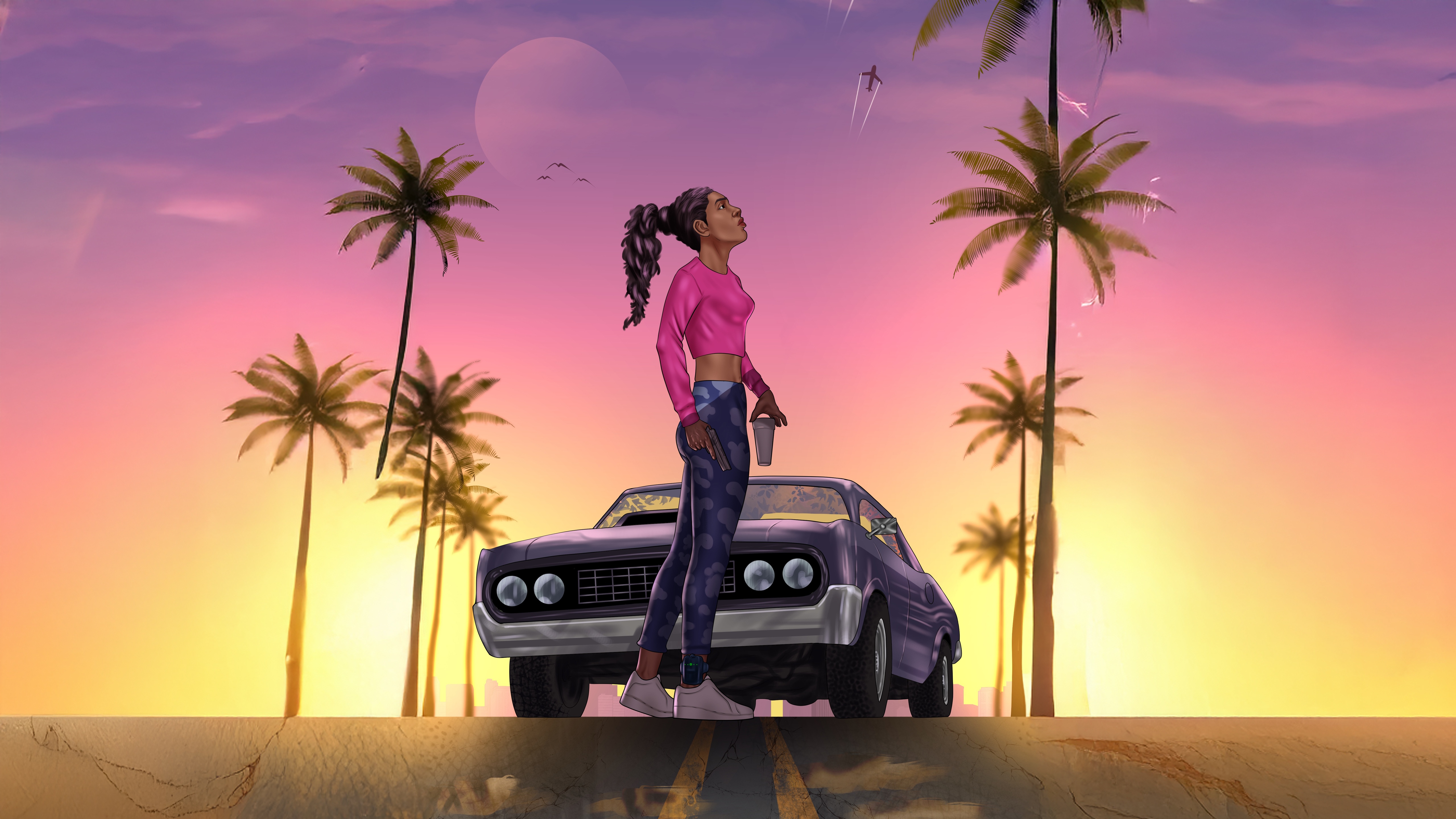 Lucia from GTA VI standing by a car at sunset HD Wallpaper