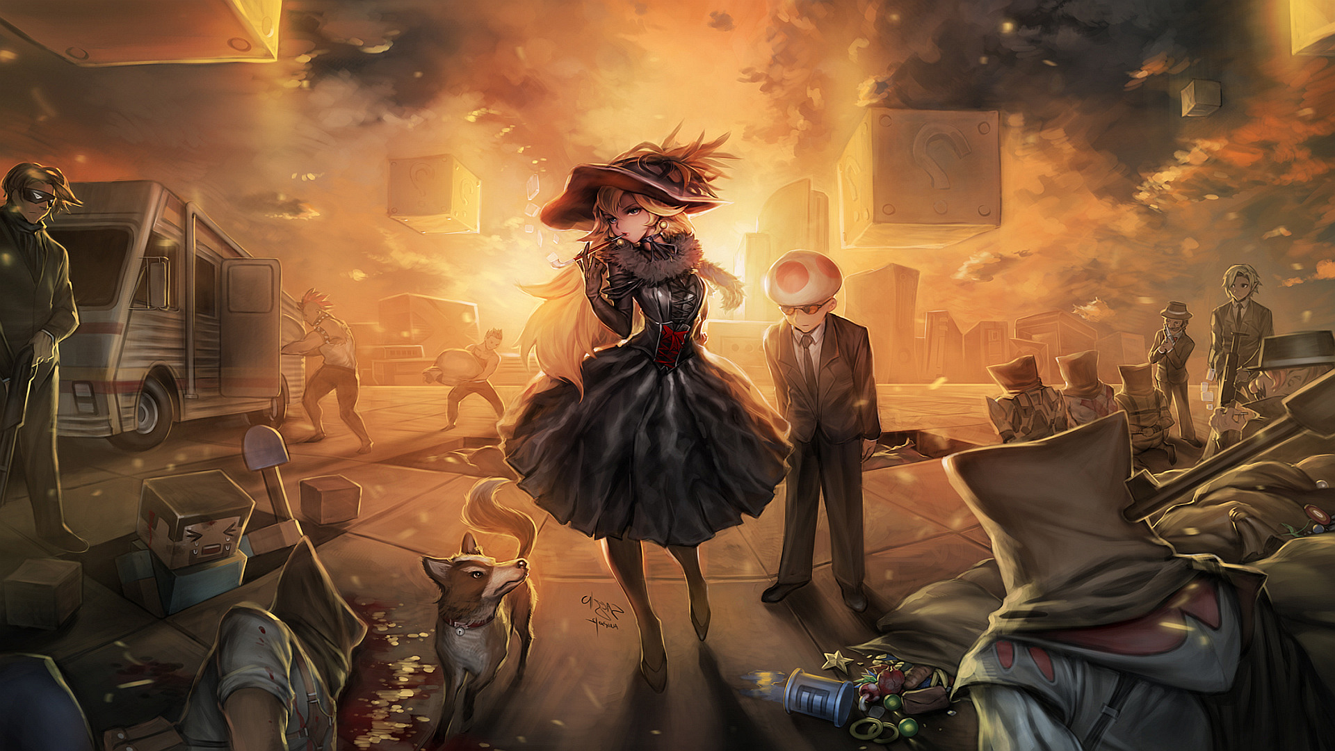 Characters from Super Mario, Minecraft, and Halo in a post-apocalyptic city HD Wallpaper