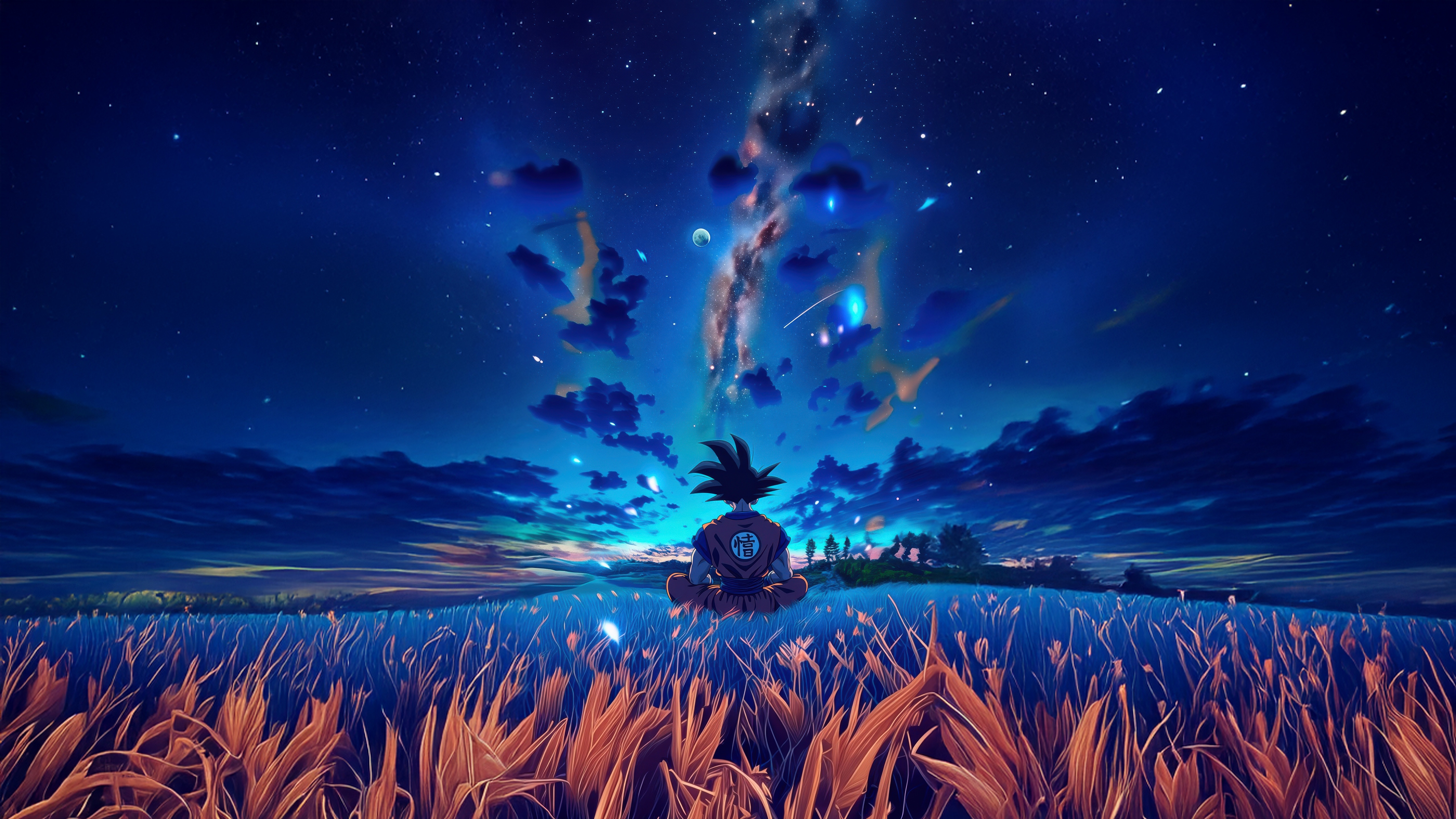 Goku sitting in a field under a starry sky HD Wallpaper