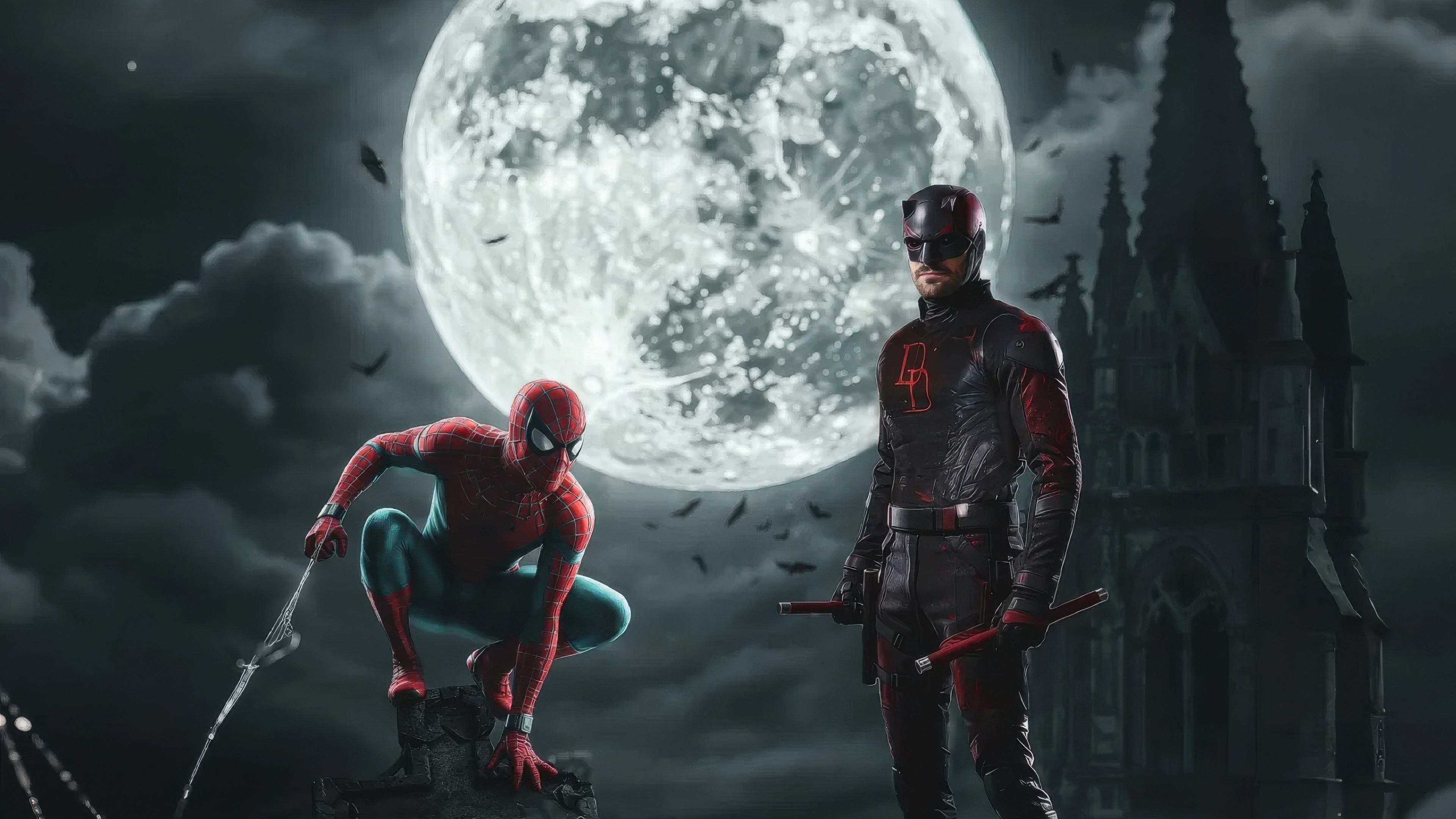 Spider-Man and Daredevil in front of a full moon HD Wallpaper