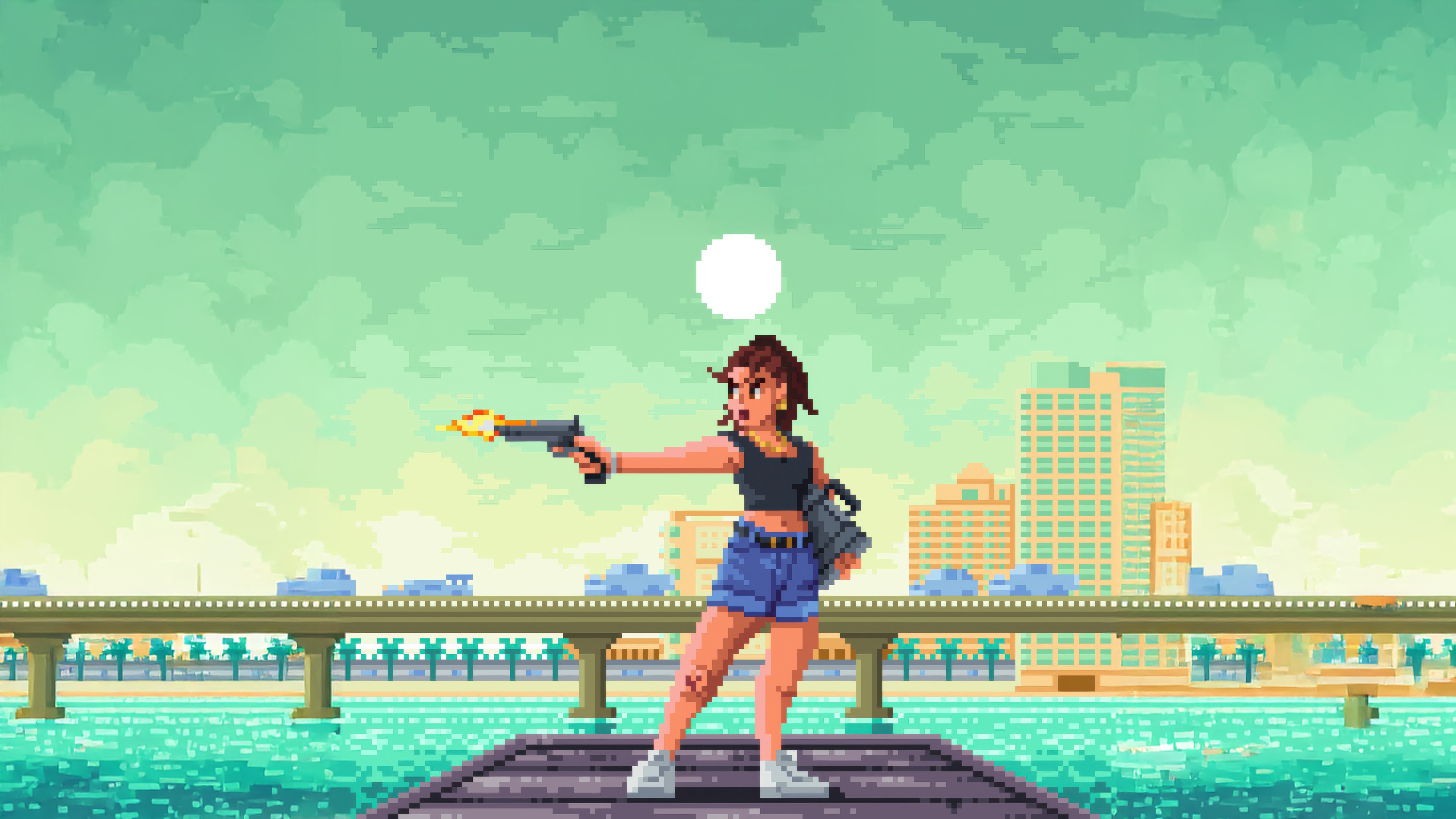 Lucia from GTA VI in 8-bit style firing a gun HD Wallpaper