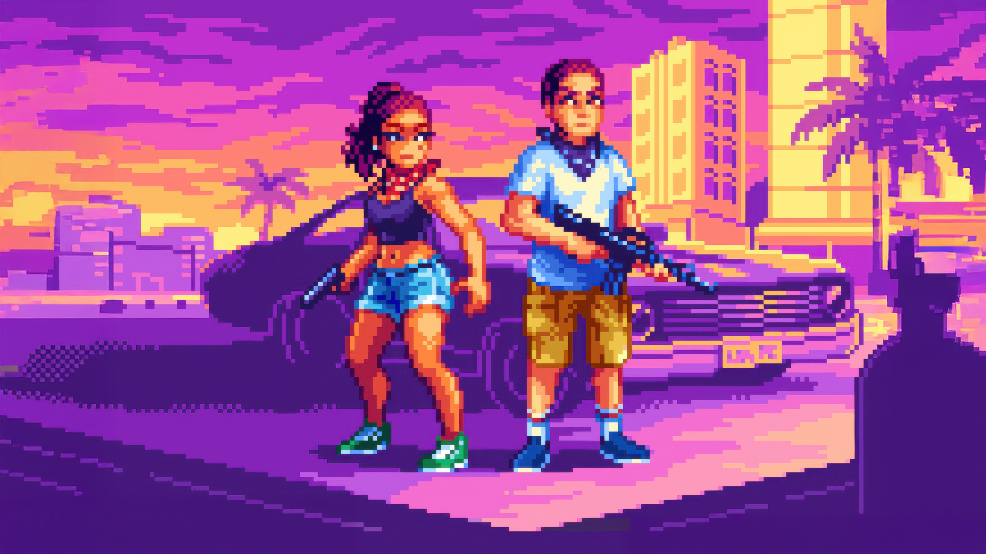 Lucia and Jason from GTA VI pixel art HD Wallpaper