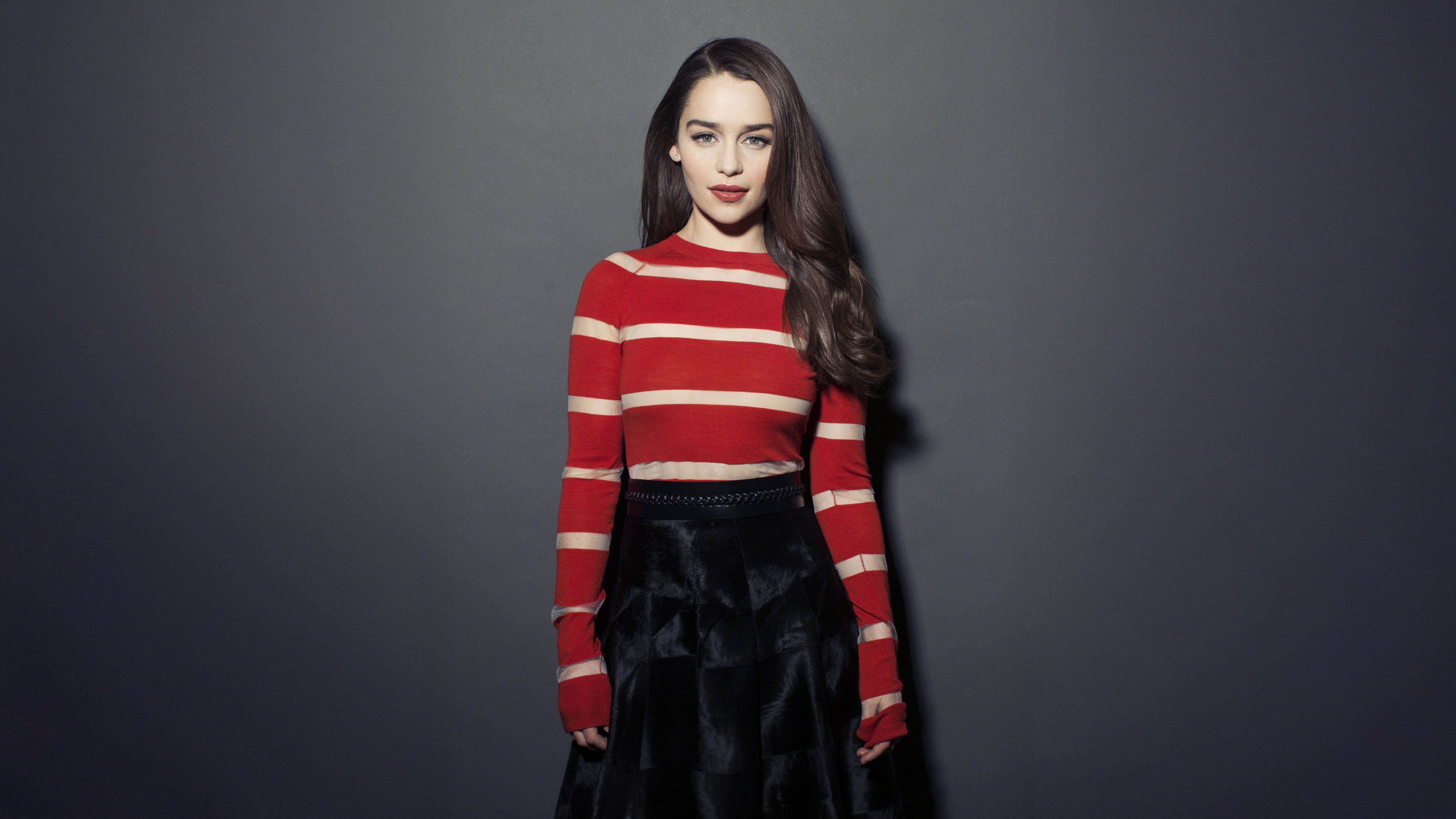 Emilia Clarke in red and white striped top and black skirt HD Wallpaper