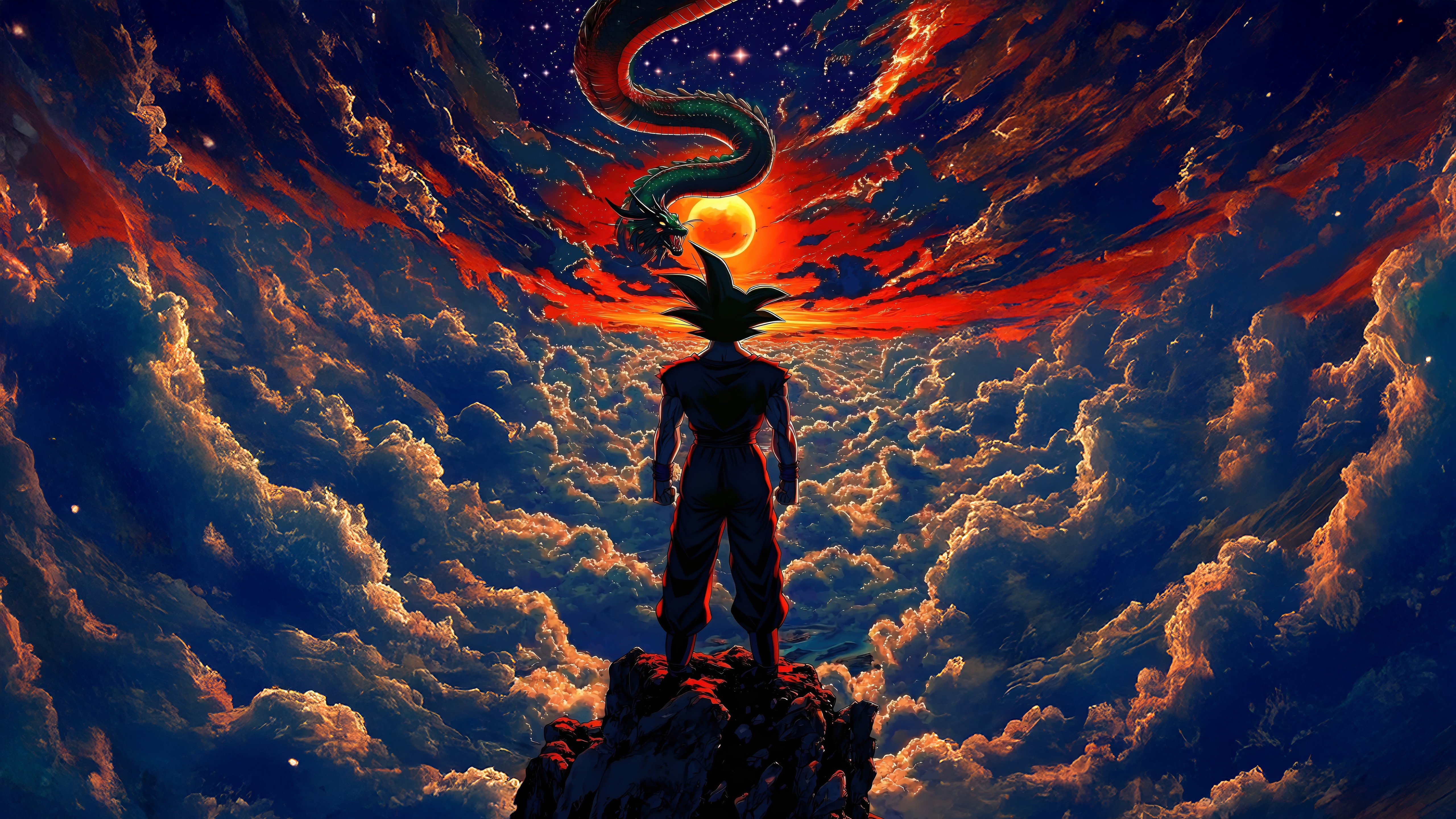 Goku and Shenron in a dramatic sky HD Wallpaper