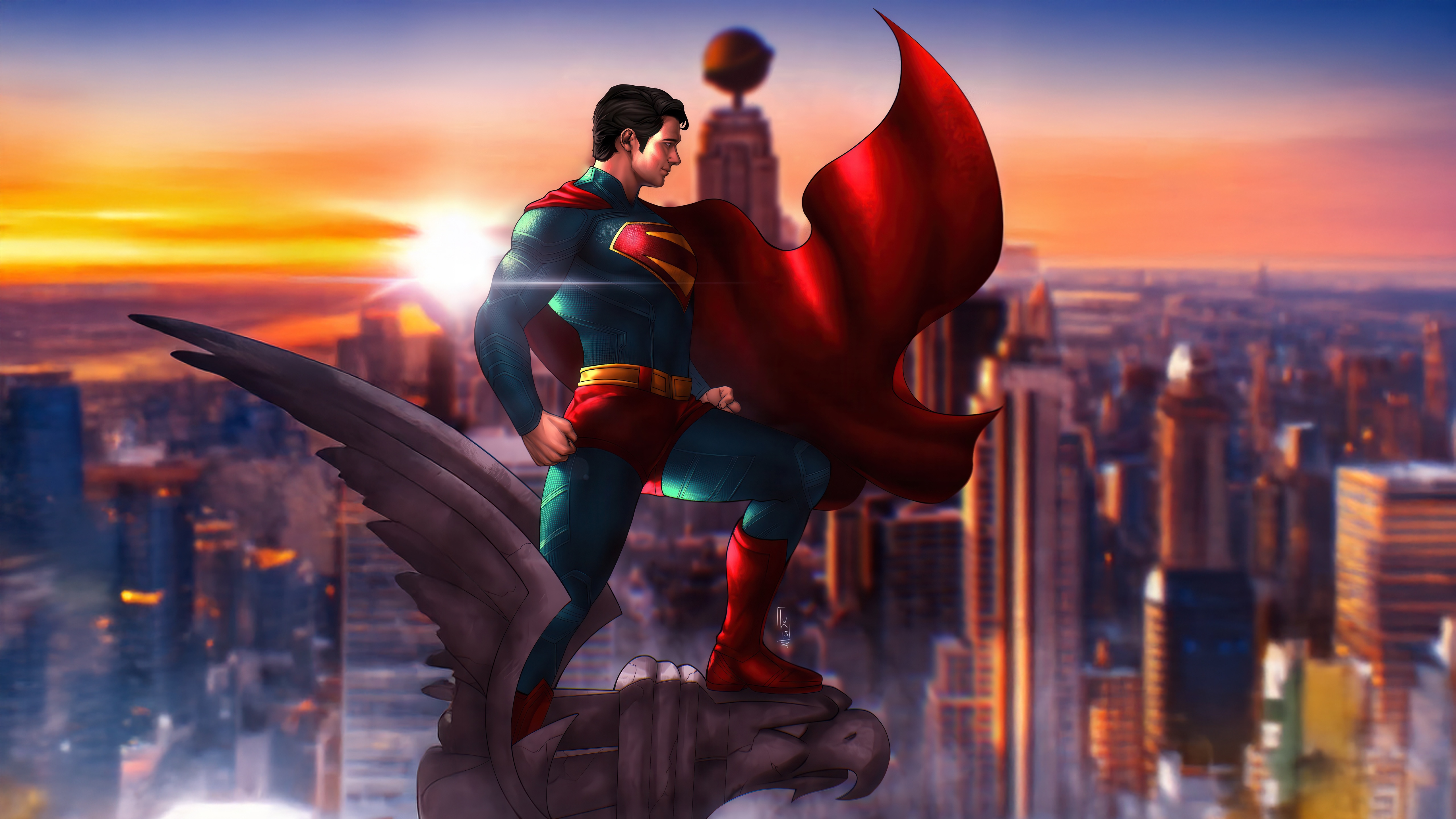 Superman standing on a gargoyle overlooking a city at sunset HD Wallpaper
