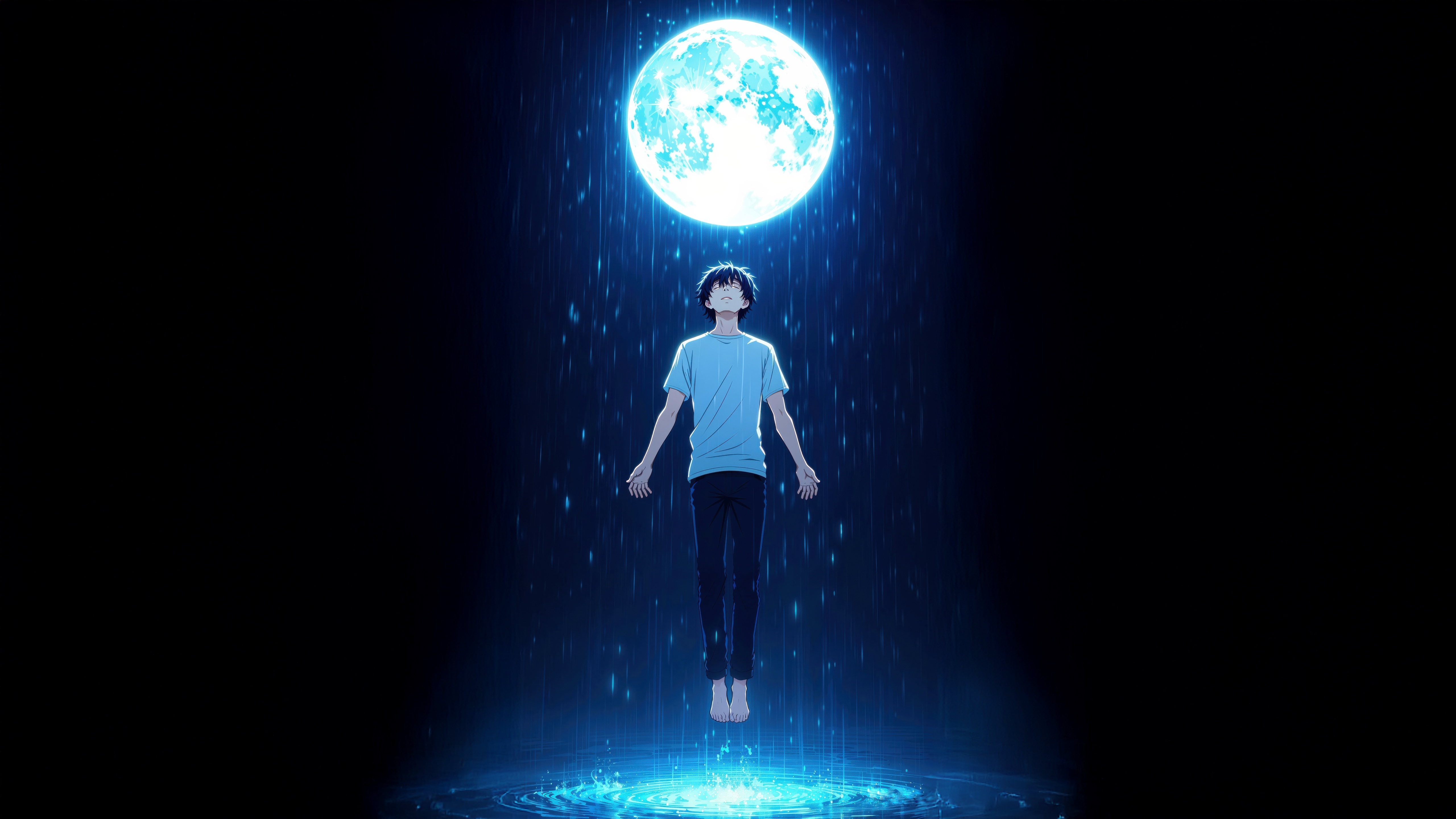 Anime boy levitating under a bright moon in the rain HD Wallpaper