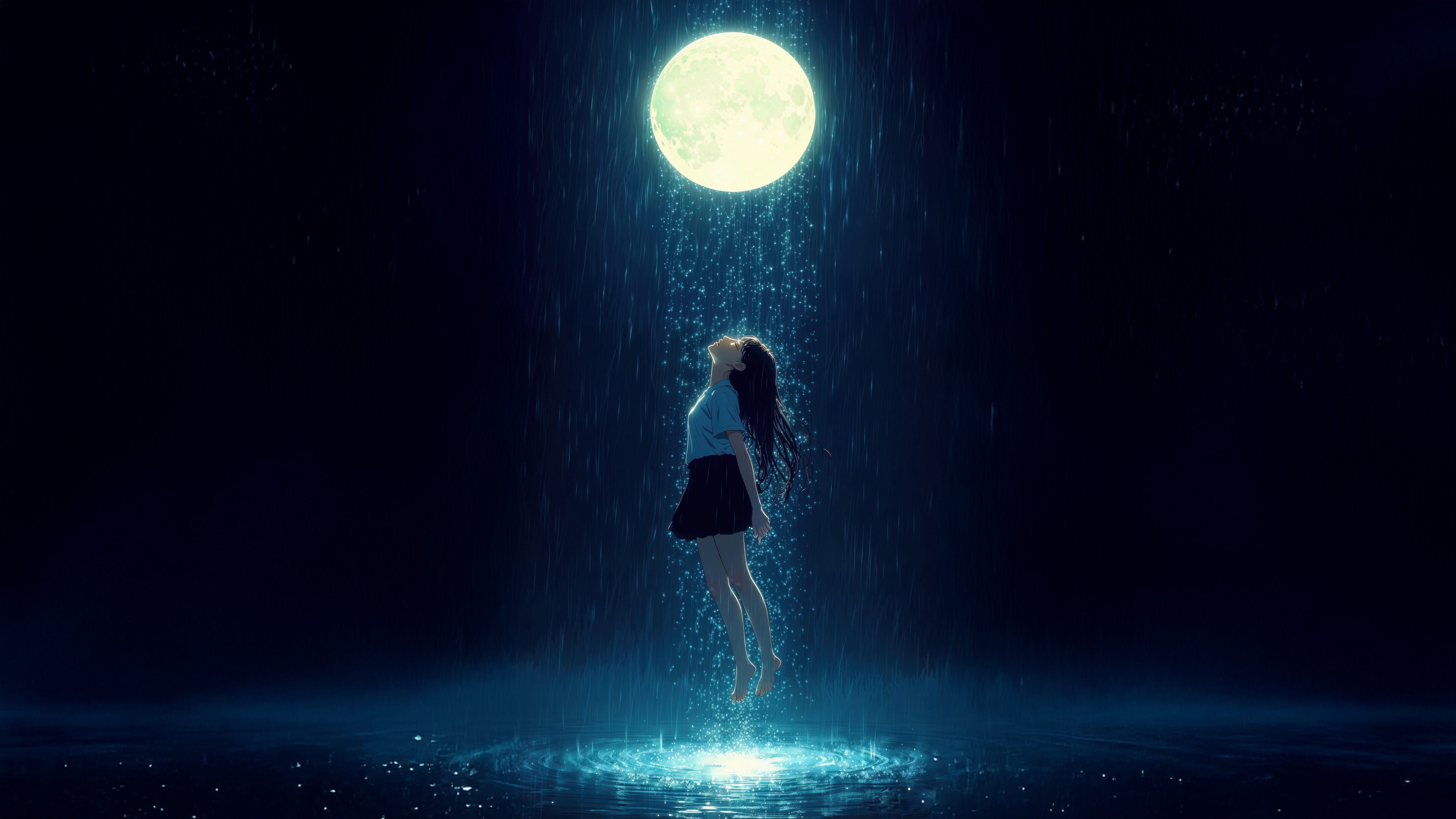 Girl floating in moonlit rain HD Wallpaper