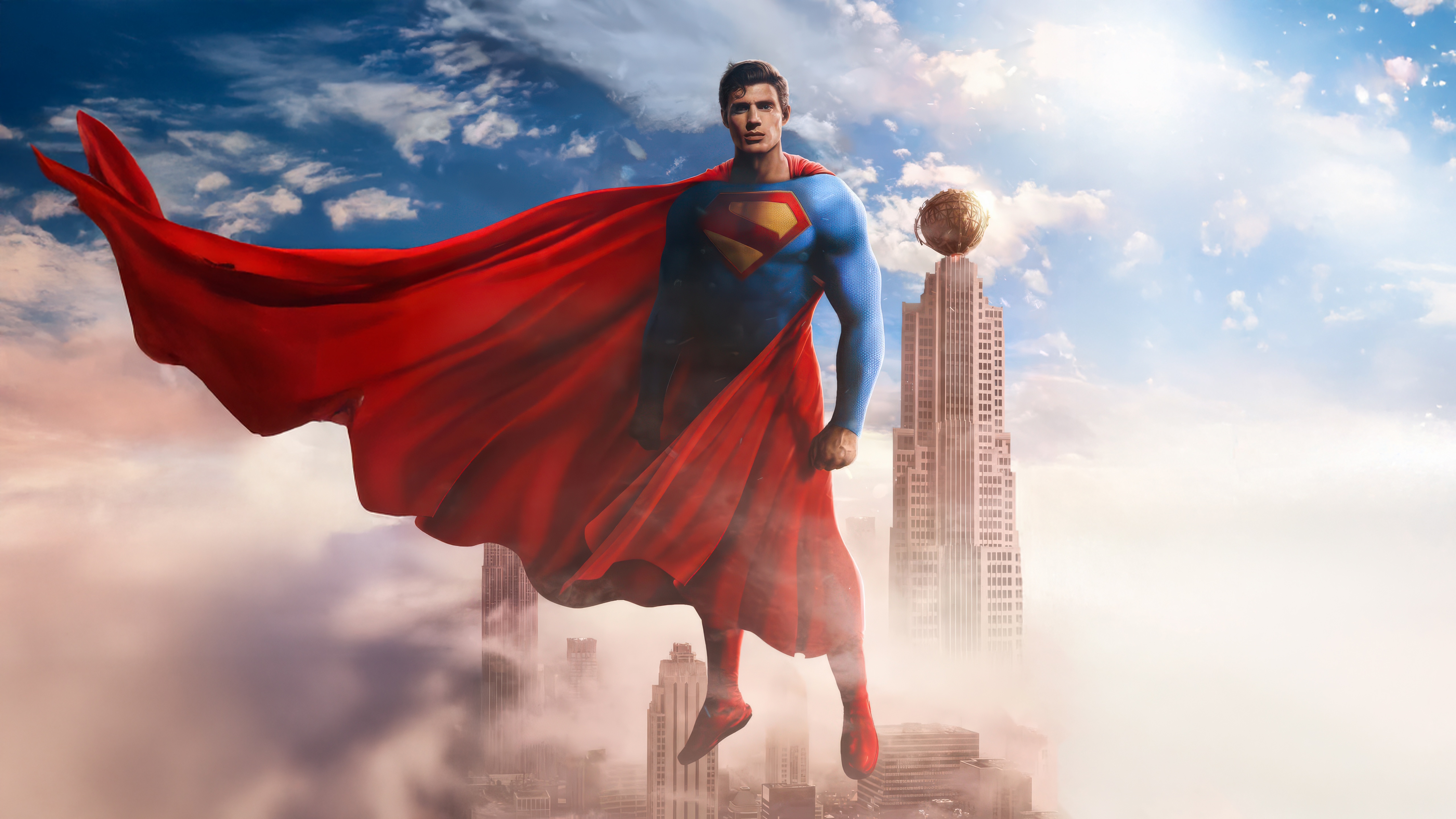 Superman flying above clouds with city buildings HD Wallpaper